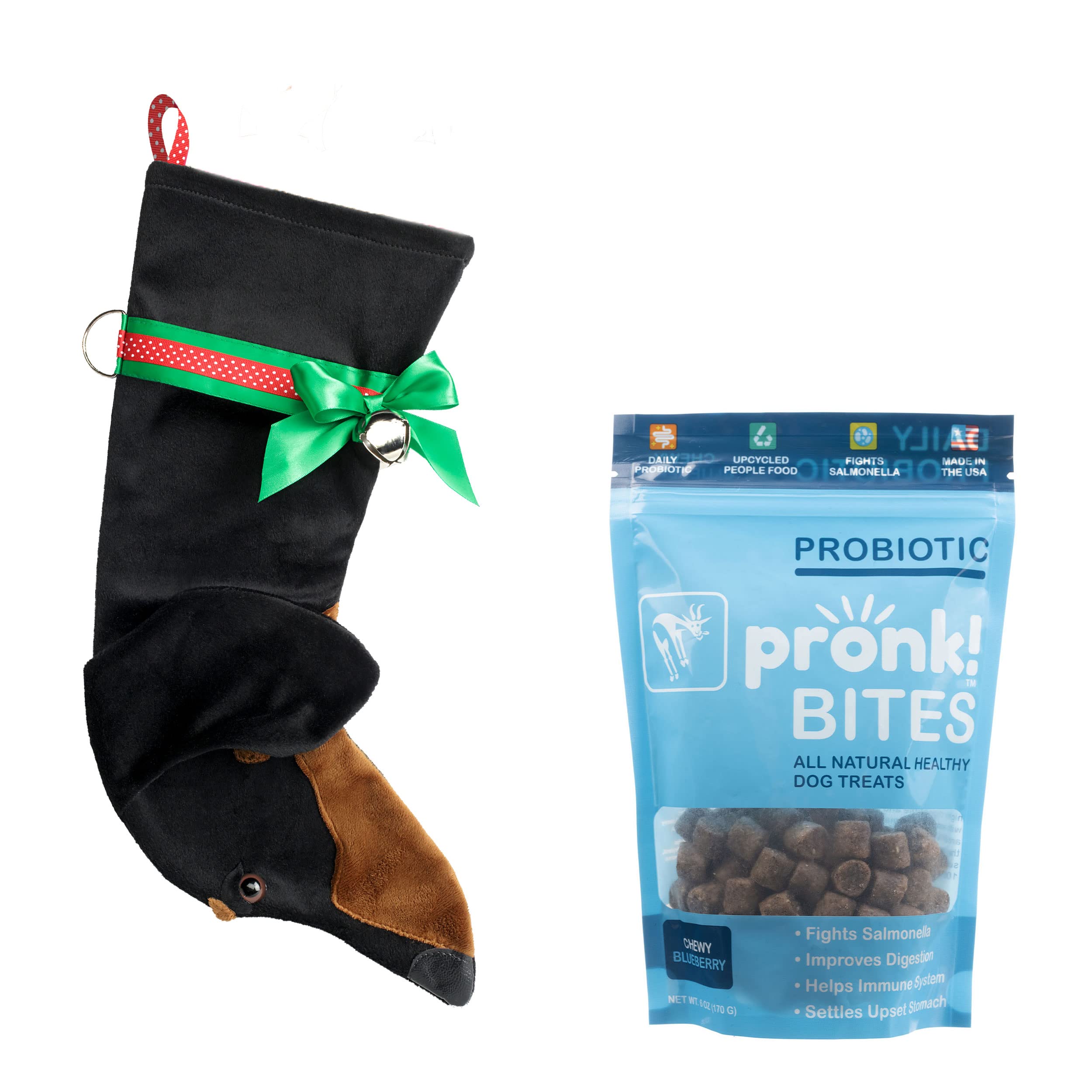 Pronk! Hearth Hounds Dachshund Dog Christmas Stocking & Soft Baked Apple Upcycled Probiotic Dog Treats Bundle - Perfect Holiday Gift for Pet Lovers, Christmas Decor & Healthy Dog Snacks for Dachshunds