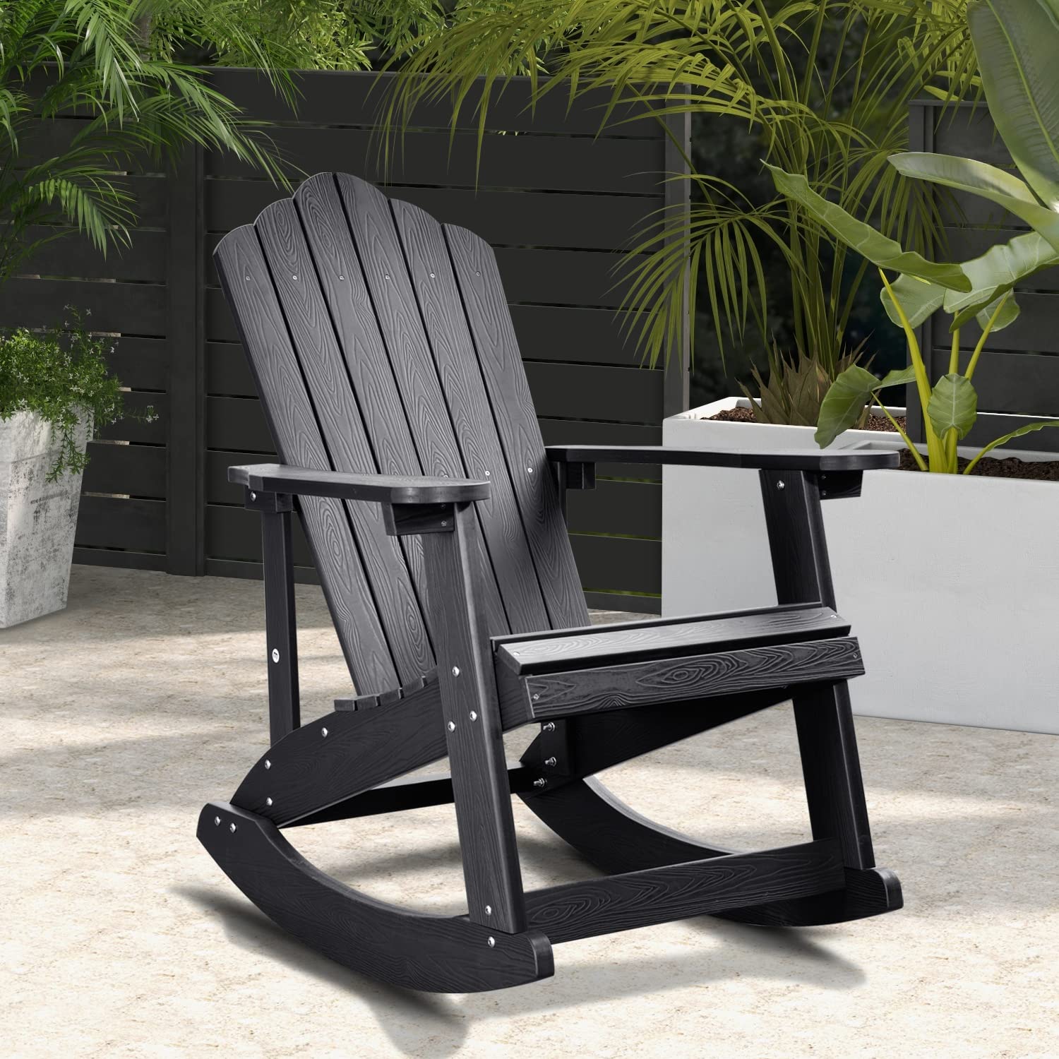 **XIZZI Classic Weather-Resistant Adirondack Rocking Chair - Outdoor Patio Chair for Deck, Garden & Backyard - Durable Black Faux Wood Design - Perfect for Relaxing, Lounging & Sunbathing**