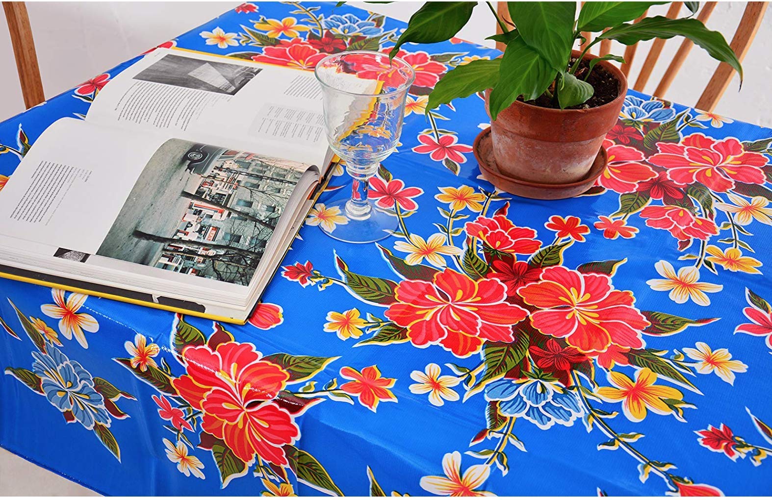 Premium Hibiscus Flowers Oilcloth Tablecloth - Waterproof & Washable Plastic Vinyl Table Cover (55x55in Square) in Blue & Red - Perfect for Patio, Picnic, Kitchen, and Outdoor Dining Decor