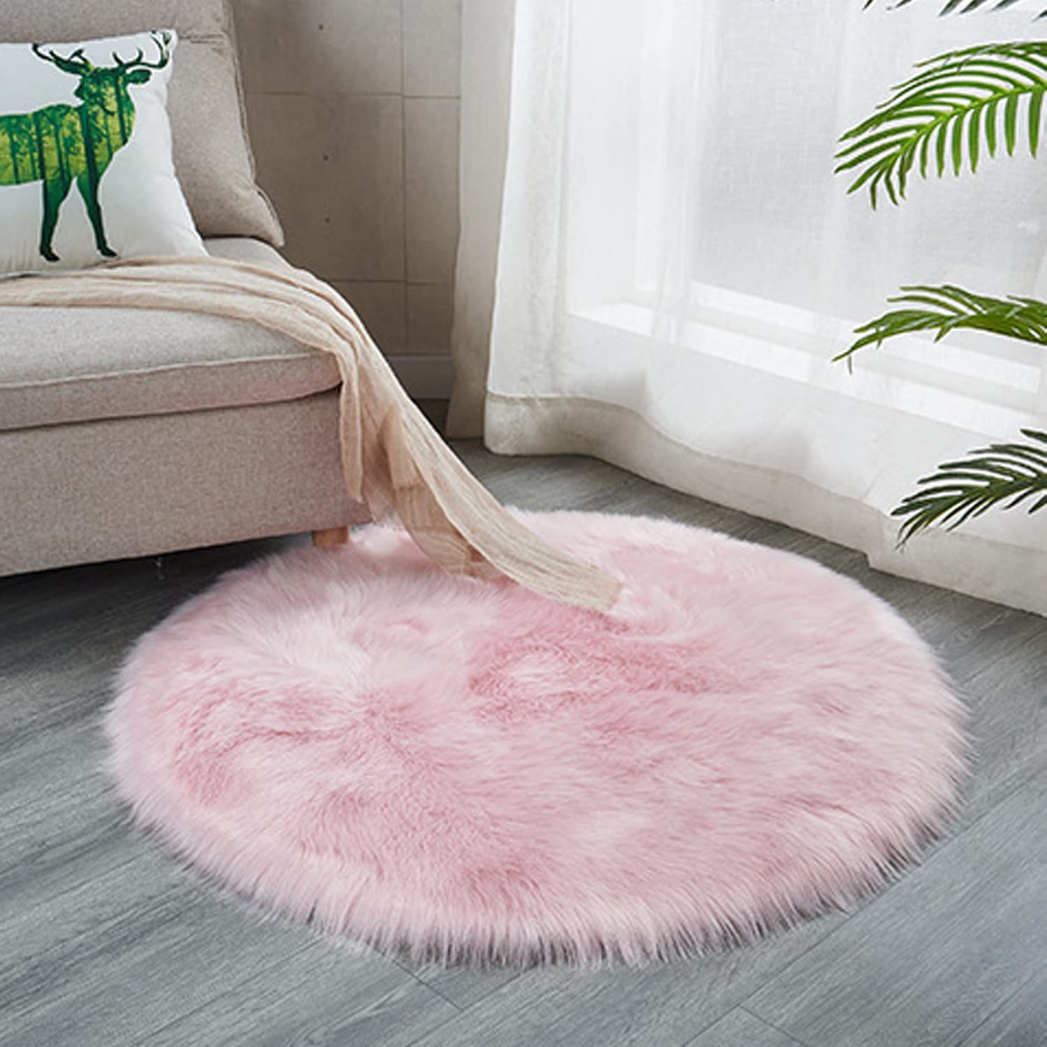 Luxury Faux Sheepskin Area Rugs - Ultra Soft Fluffy Shaggy Round Floor Carpet Mat for Living Room, Bedroom & Nursery - Decorative Throw Cover for Sofa, Kids Play Mat - Light Pink 8ft Diameter - Perfect for Cozy Home Decor, Baby Playtime and Pet Lounging