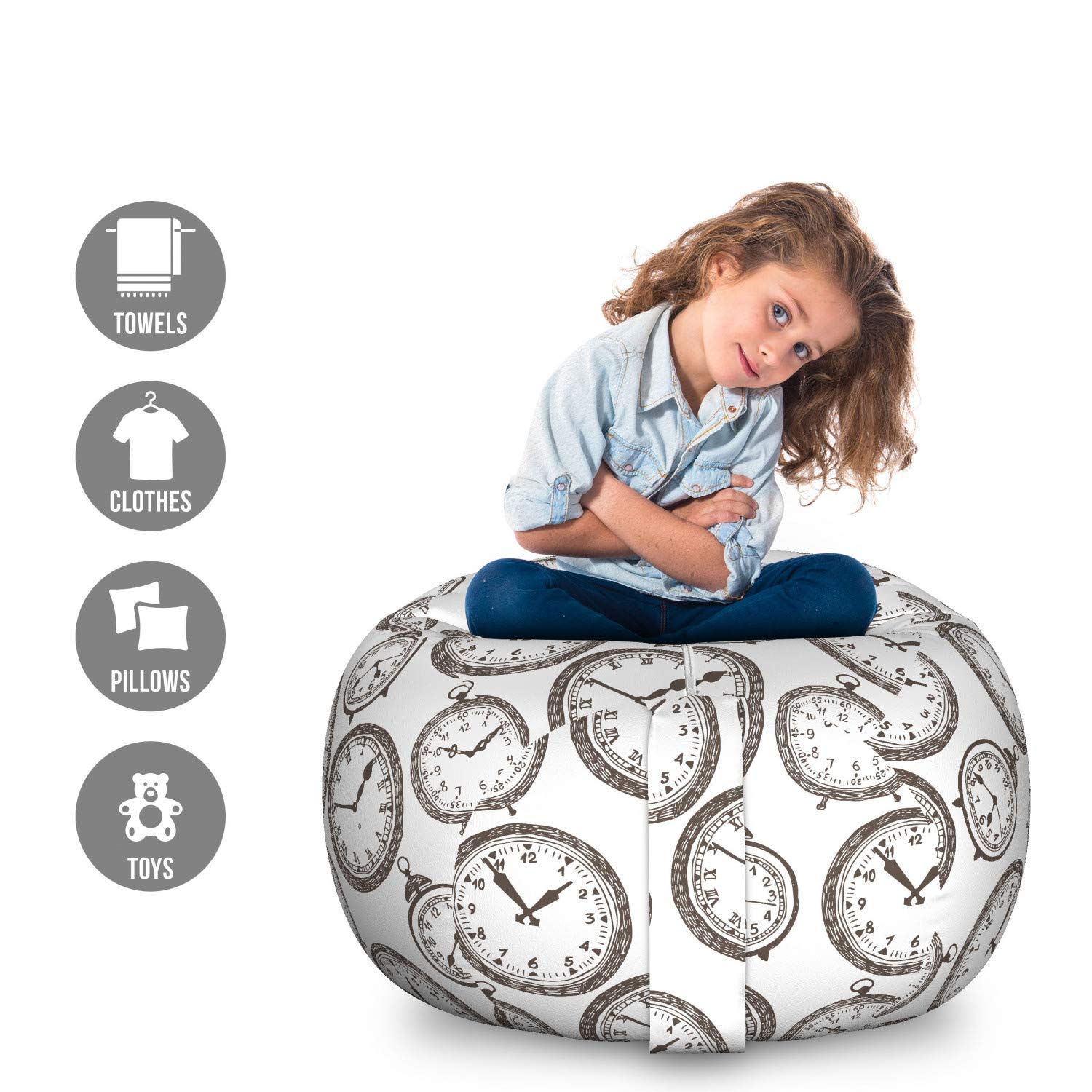 Lunarable Large Washable Clock Storage Toy Bag Chair - Antique Pocket Watches Sketch with Chronometer on Abstract Background - Stuffed Animal Organizer for Kids' Room, Nursery, or Playroom - Brown & White