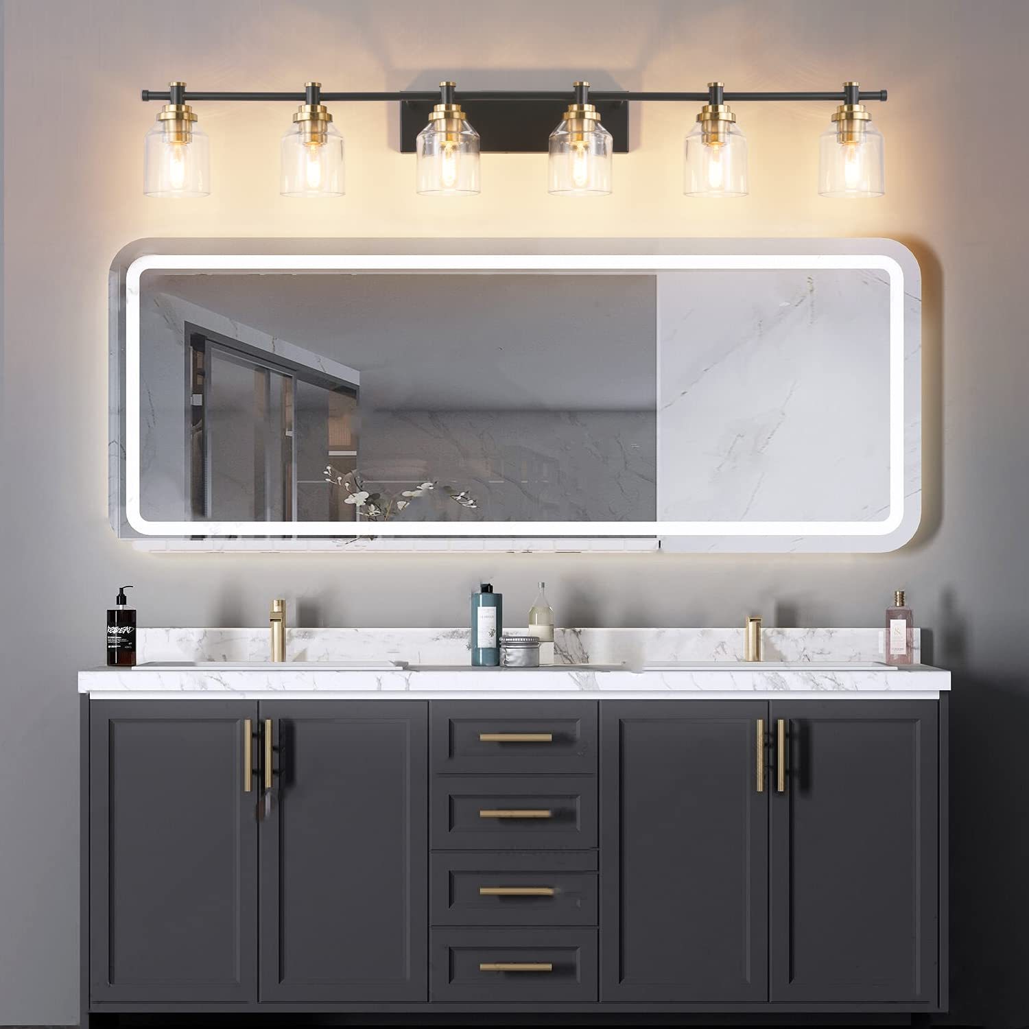 SOLFART 6-Light Black Brass Bathroom Vanity Light Fixture - Vintage Style Mirror Lighting with Thick Clear Glass Shades for Bathroom, Powder Room & Dressing Area