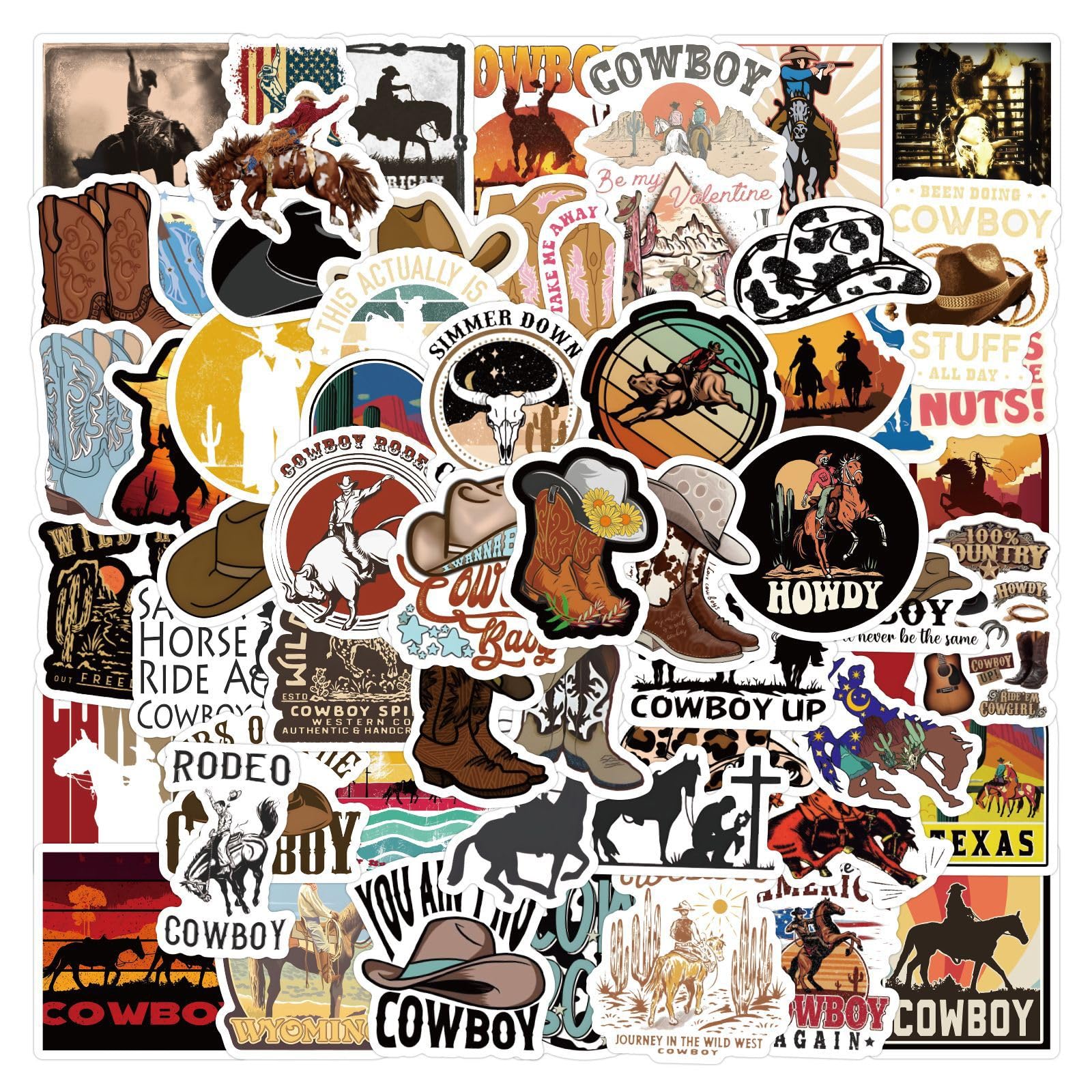 64PCS Western Cowboy Stickers - Waterproof Vinyl Decals for Water Bottles, Laptop, Luggage & Guitar | Country Themed Stickers for Adults & Teens | Perfect for DIY Crafts, Scrapbooking & Western Decor