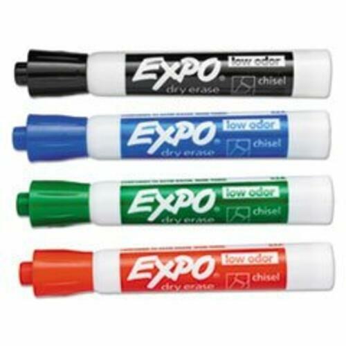 4 Pack Expo Low Odor Dry Erase Markers - Chisel Tip, Black, Blue, Green, Red (80074) - Perfect for Whiteboards, Office Meetings & Classroom Teaching