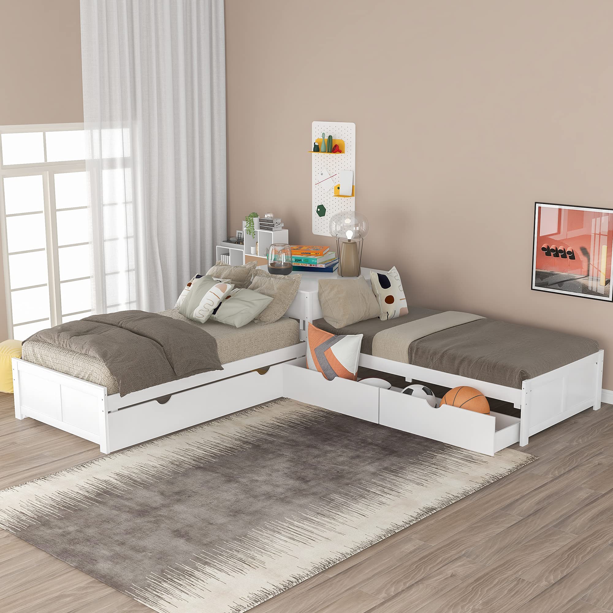Merax Twin Size L-Shaped Storage Daybed with Trundle - Convertible Platform Bed with 2 Drawers & Built-in Desk - No Box Spring Needed - Perfect for Small Spaces, Living Room, Bedroom or Guest Room (White)