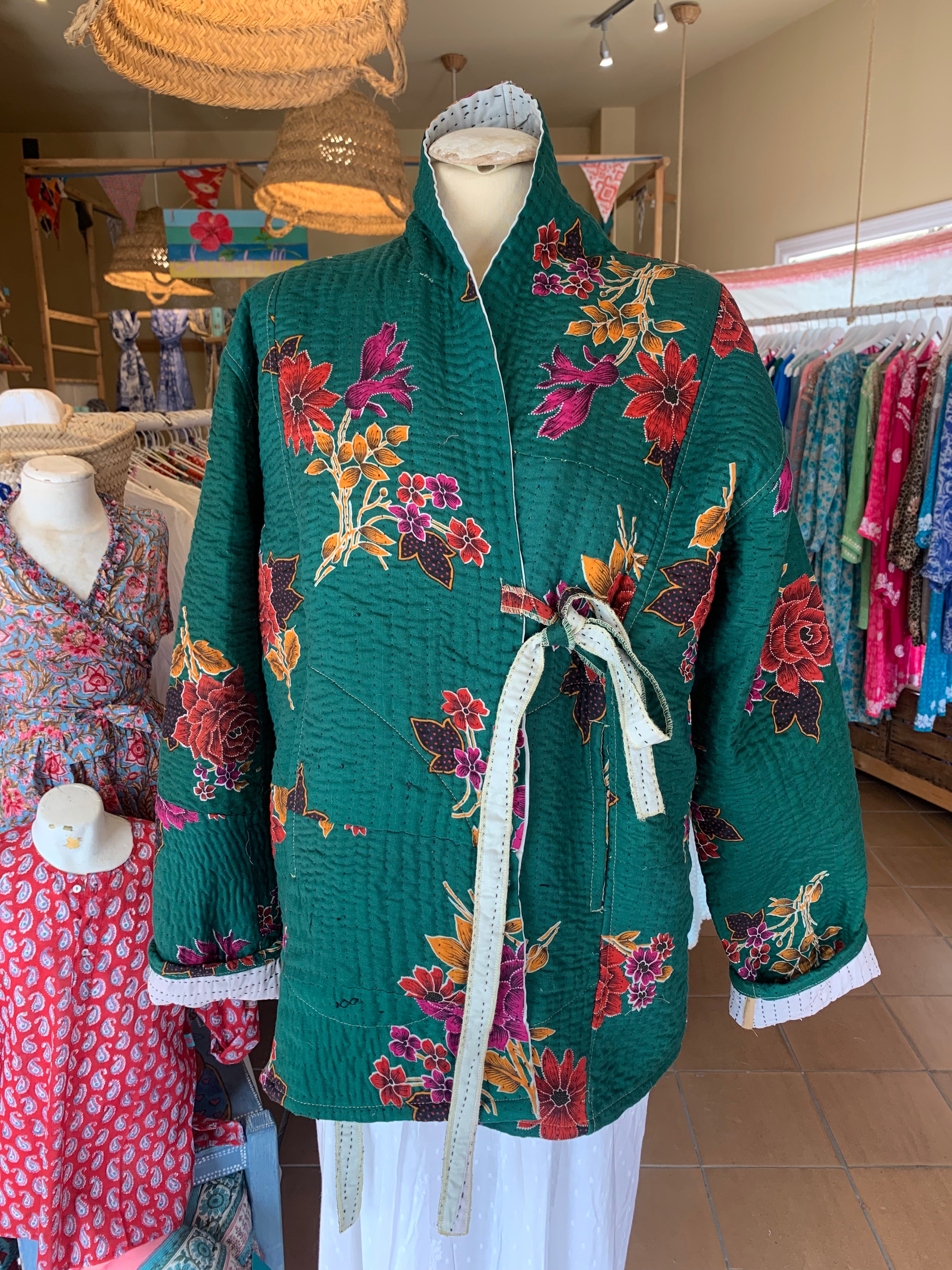 Boho Kimono Jacket - Handmade Kantha Textile No.5 in Green | Perfect for Festivals, Beach Cover-Ups & Boho Fashion