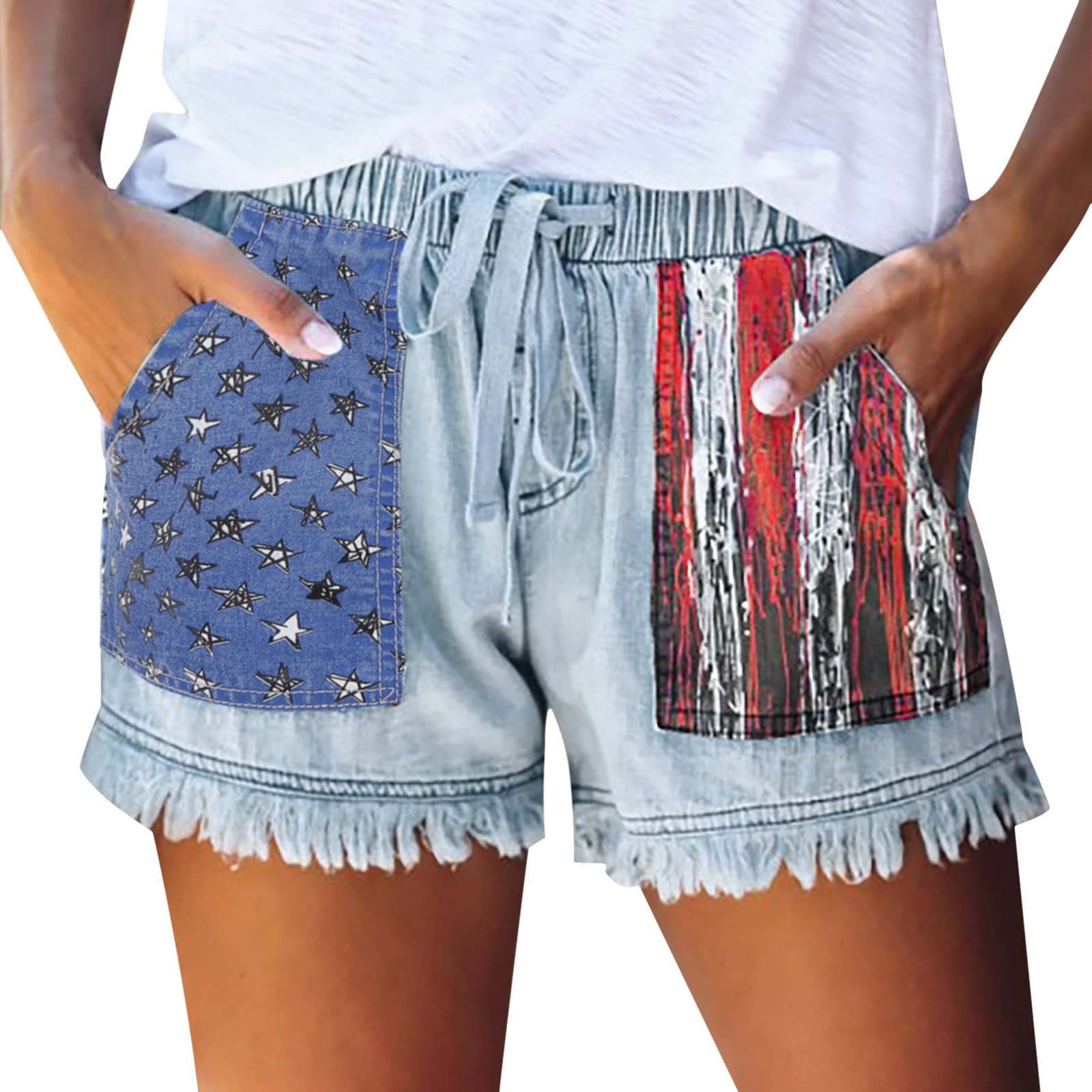 MAYW Women's Fashion Stretch Denim Shorts with Tassel Trim & Side Pockets - Sexy High-Waisted Slim Fit Printed Shorts for Workout, Gym, and Casual Wear