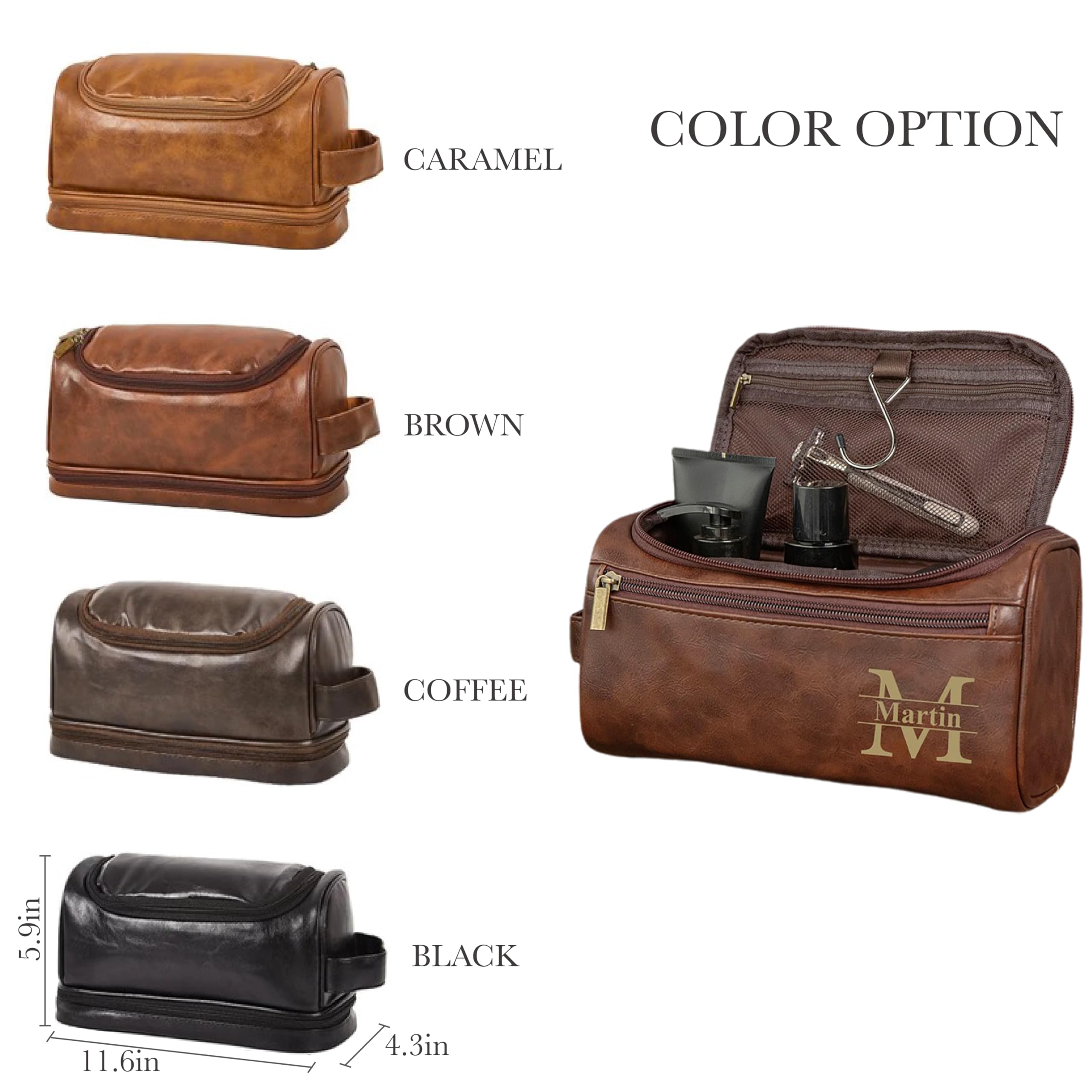 Personalized Leather Toiletry Bag for Men - Custom Monogrammed Hanging Travel Organizer & Cosmetic Case - Durable Dopp Kit for Shaving Essentials & Bathroom Accessories - Perfect Gift for Him - Ideal for Business Trips, Gym, Camping & Vacation Travel