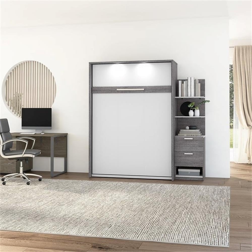 Atlin Designs Transitional Wood Full Murphy Bed with Nightstand in Bark Gray/White - Space Saving Wall Bed for Small Apartments, Guest Rooms & Home Offices