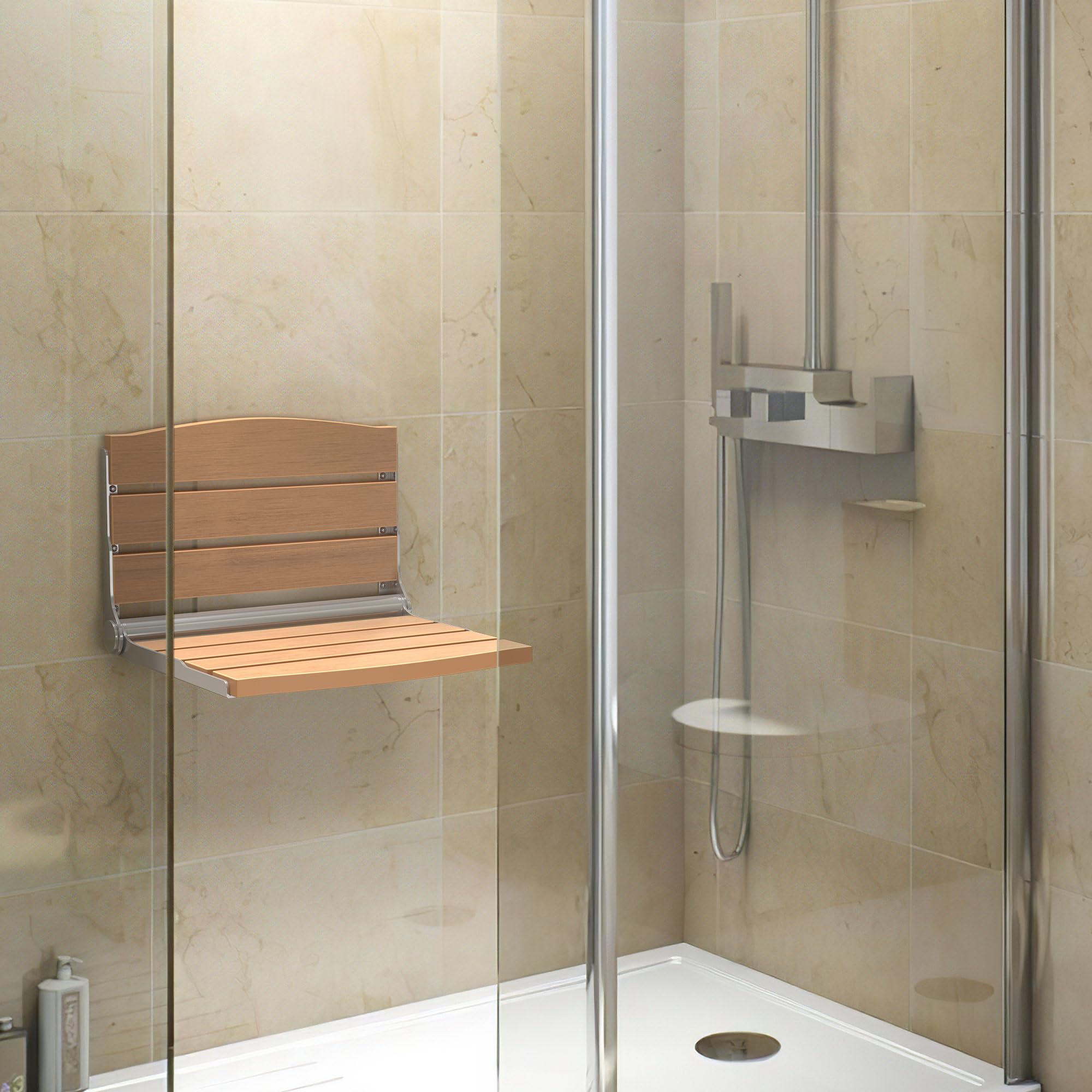 DWVO Foldable Shower Seat - Wall Mounted Shower Bench with Teak Wood - Adjustable Folding Shower Chair for Elderly, Disabled & Pregnant Women - Bathroom Safety Seat for Seniors Care, Home Accessibility & Spa Relaxation
