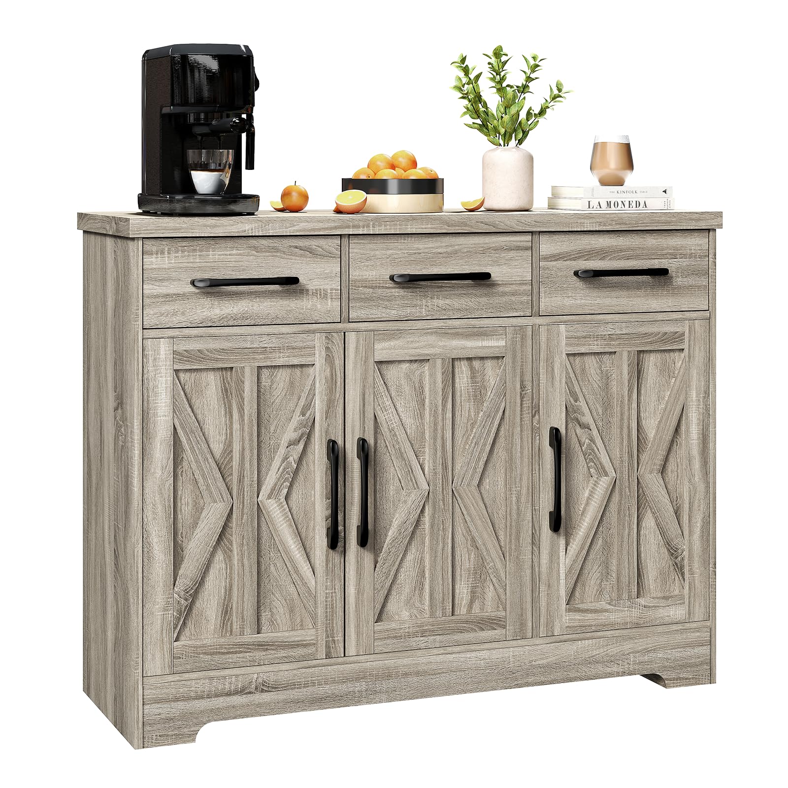 Farmhouse Sideboard Buffet Cabinet with Drawers & Shelves - Solid Wood Coffee Bar with 3 Barn Doors for Dining Room, Kitchen, Hallway & Living Room - Gray - Perfect for Rustic Home Decor, Kitchen Storage & Entertaining Guests