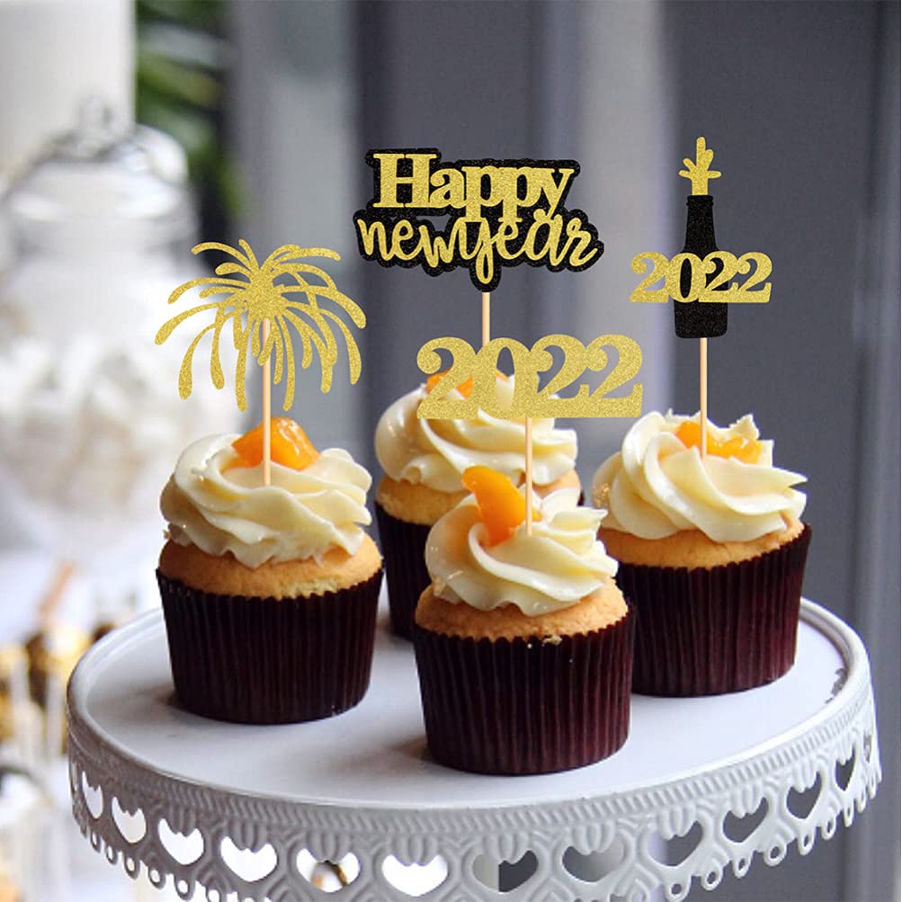 PRETYZOOM 40pcs New Year Cupcake Toppers Set - Fireworks, Champagne & Clock Designs for 2023 New Year's Eve Party Decorations | Cake Decorations for NYE Celebrations, Countdown Parties & Holiday Desserts