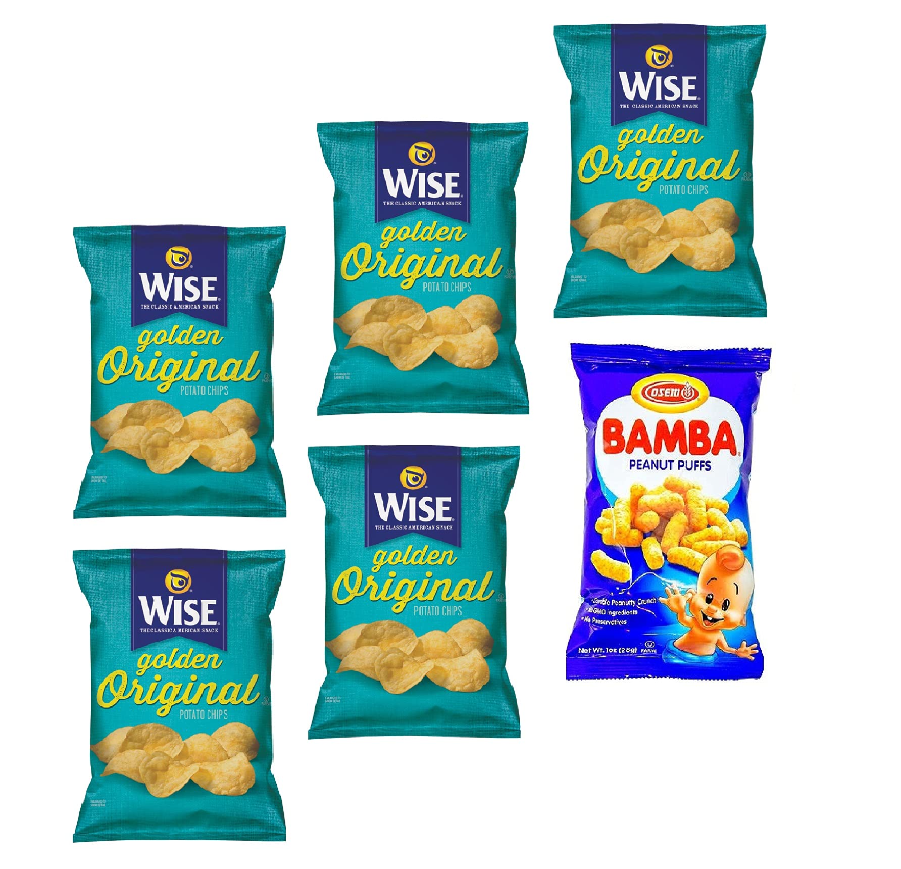 Wise Snacks Original Golden Classic Potato Chips (5 Pack) & Osem Bamba Peanut Butter Snacks (Gluten Free) - Perfect for School Lunches, Movie Nights & Party Snacking