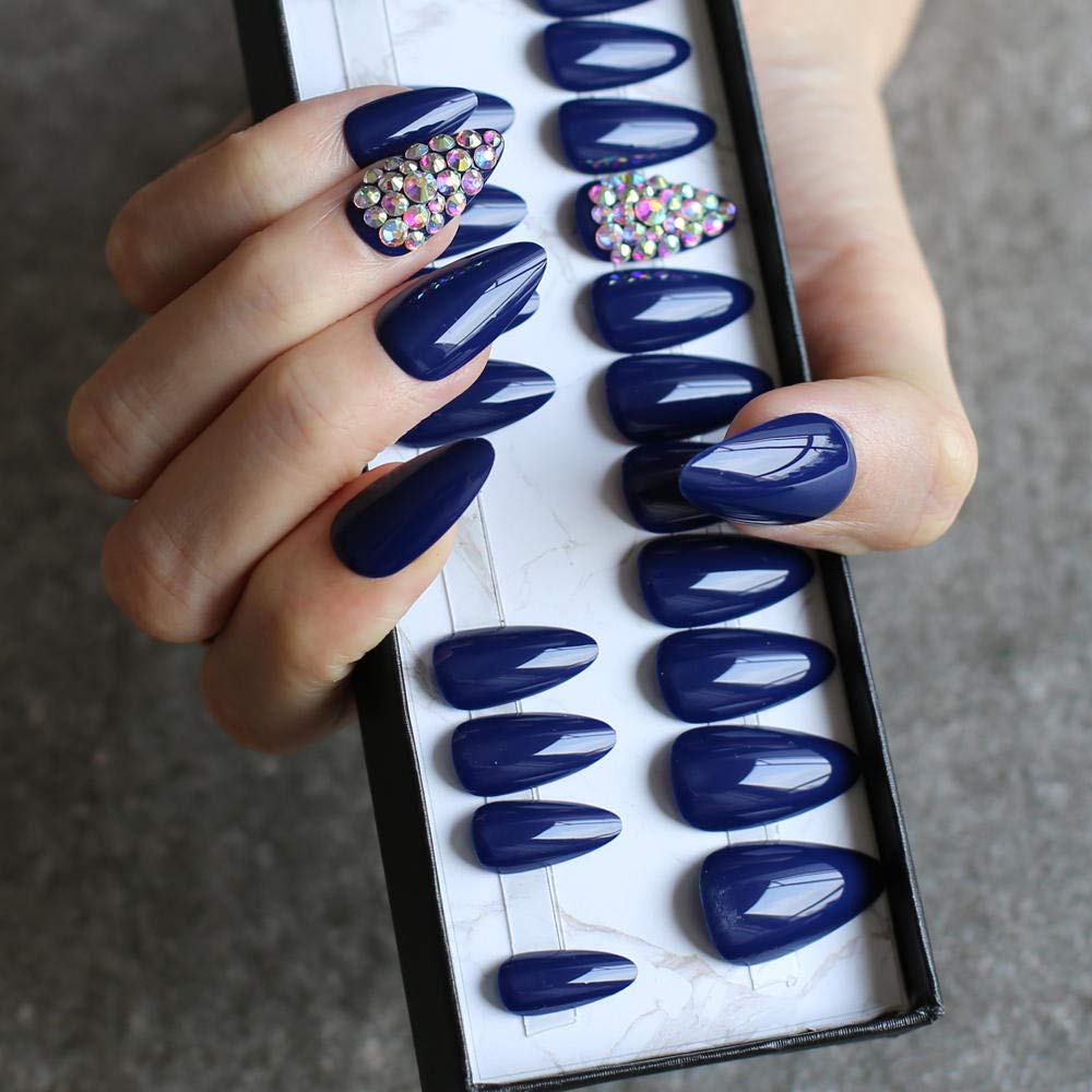 Shiny Black False Nails Set - 28pcs Wedding Fake Nails with Diamond & Crystal Designs | Handmade Acrylic Nails for Bridal, Prom, Party & Special Occasions