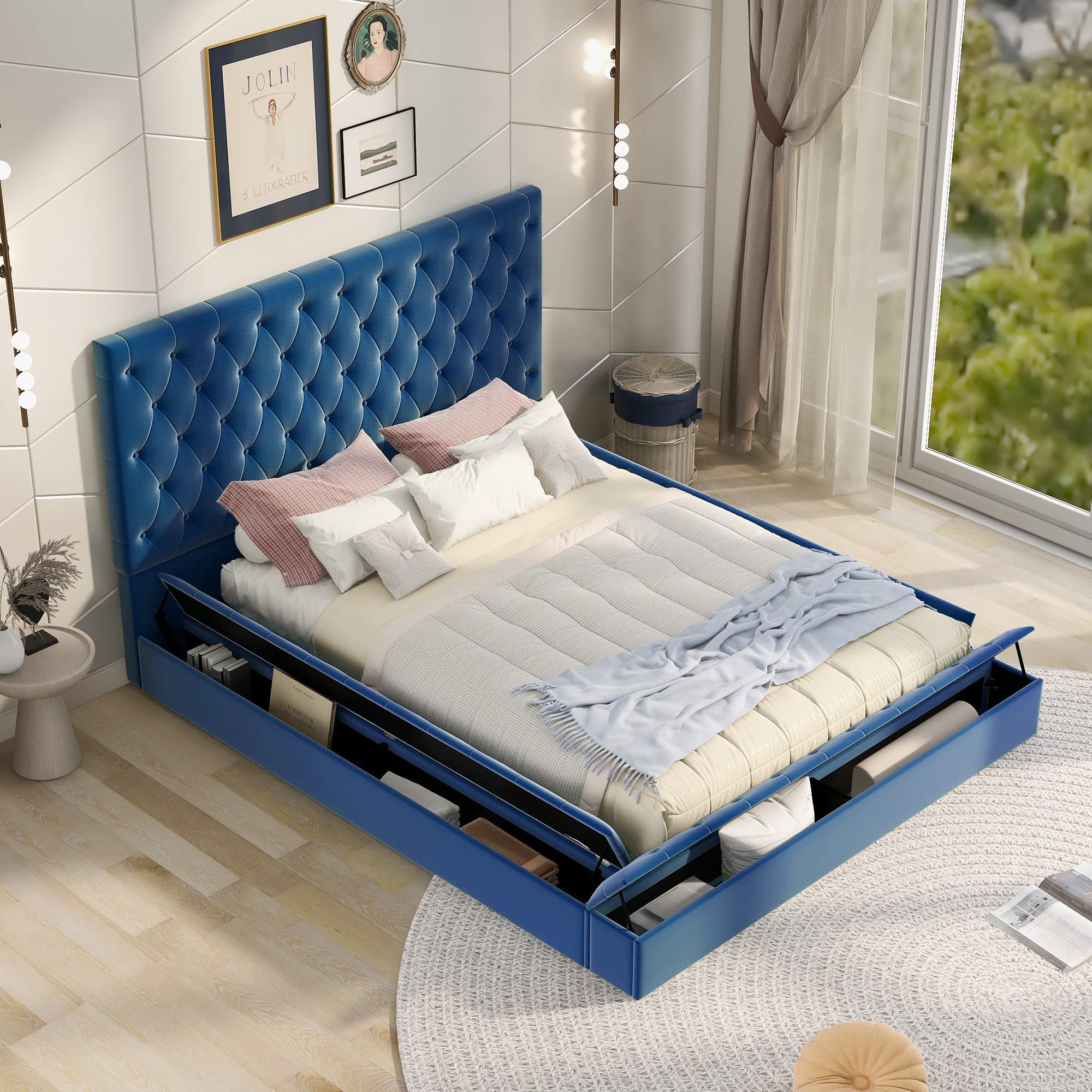 INLIFE Full Size Upholstered Platform Bed with 2 Side Storage Drawers, Footboard & Headboard - Blue Velvet Fabric Bed Frame for Small Space Bedroom, Guest Room or Dorm