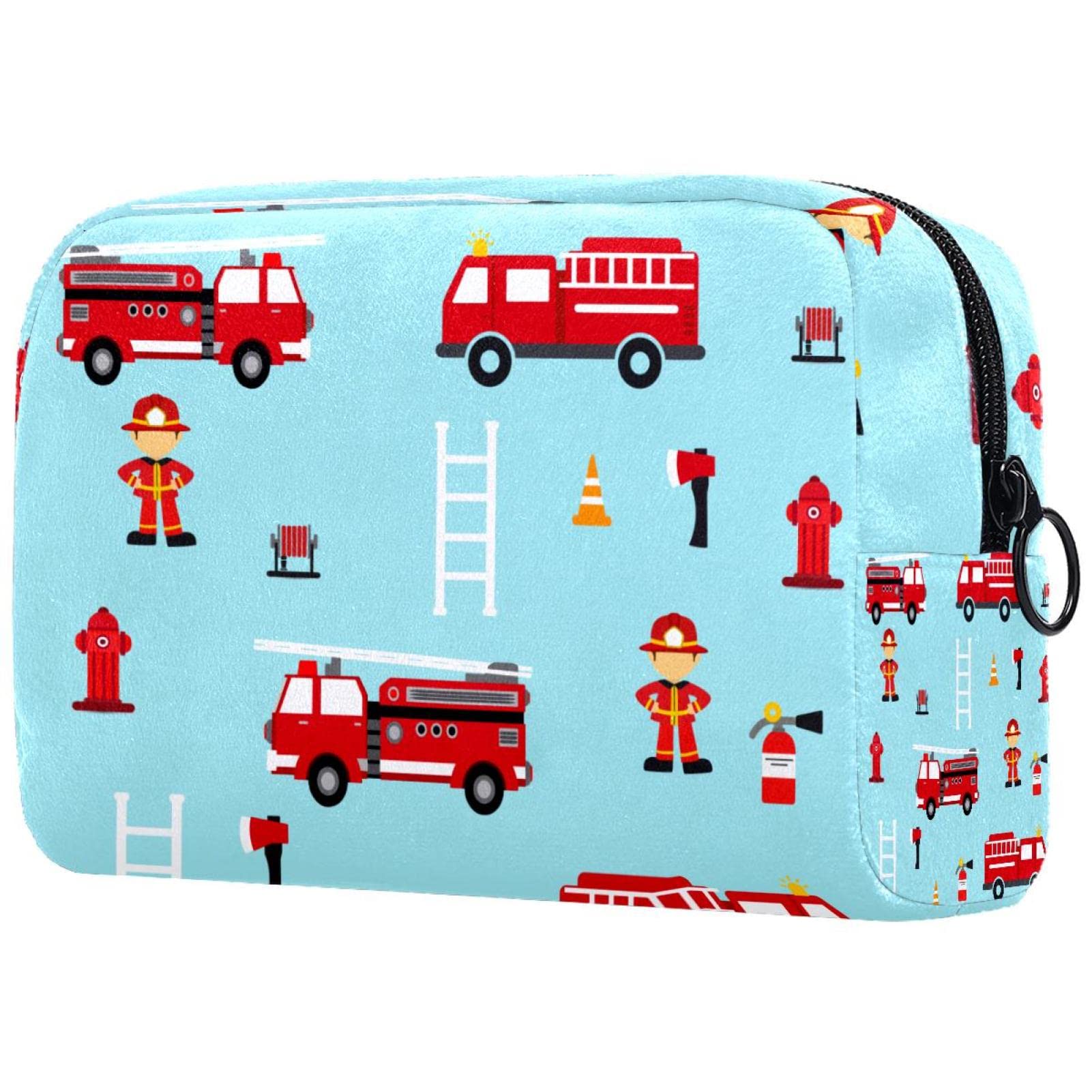 Cute Cartoon Fire Truck Print Small Makeup Bag for Women - Travel Cosmetic Pouch & Toiletry Organizer - Perfect for Daily Use, Travel, Gym & Gift Giving
