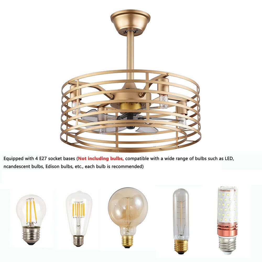 20 Inch Industrial Caged Ceiling Fan with Light - 3 Speed Adjustable, Remote Control, Bladeless Design for Kitchen, Bedroom, Living Room & Farmhouse - Gold Finish (4xE12 Base, Bulbs Not Included) - Perfect for Modern Farmhouse Decor and Air Circulation in Large Spaces