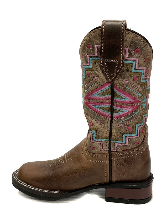 Roper Kids Monterey Aztec Leather Boots for Boys & Girls - Brown Western Cowboy Boots for School, Rodeo & Outdoor Play
