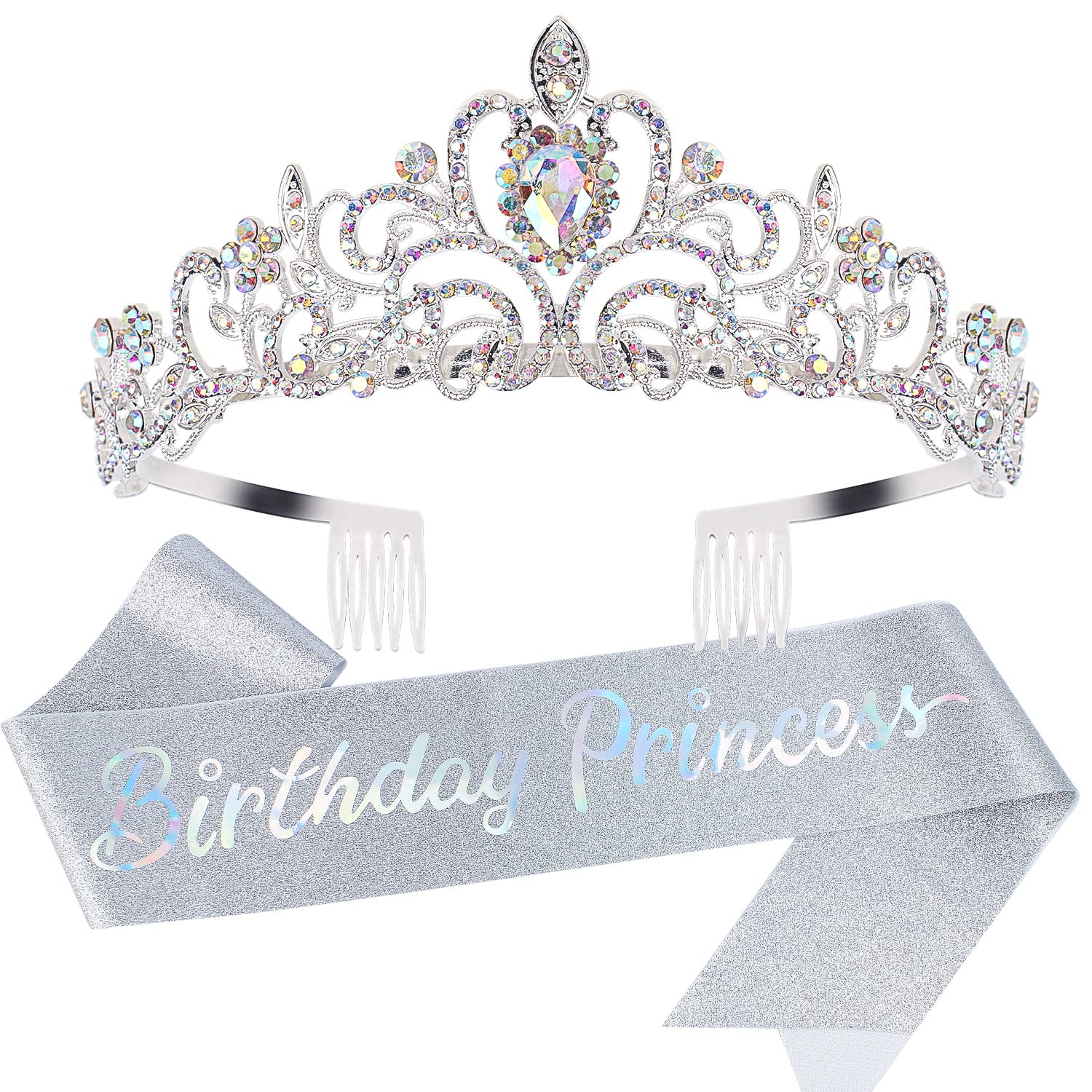 Princess Crown & Birthday Tiara Set for Women - Sparkling Birthday Girl Sash, Cake Popper & Headband - Perfect for Princess Themed Parties, Birthday Decorations & Special Celebrations