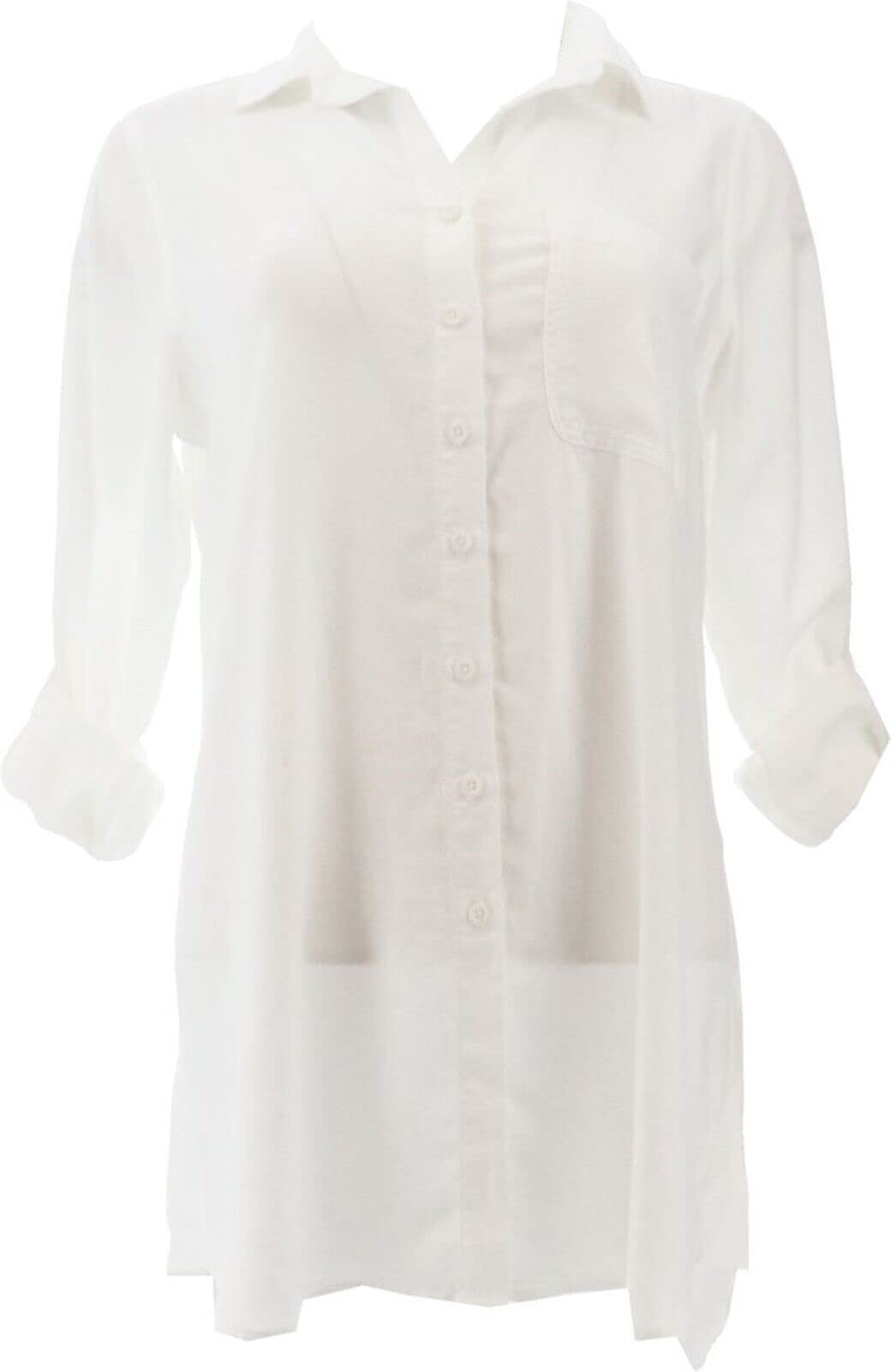 Stylish Side Stitch Button Front Tunic with Pocket - White Size S (A375105) | Perfect for Casual Outfits, Office Wear & Everyday Comfort
