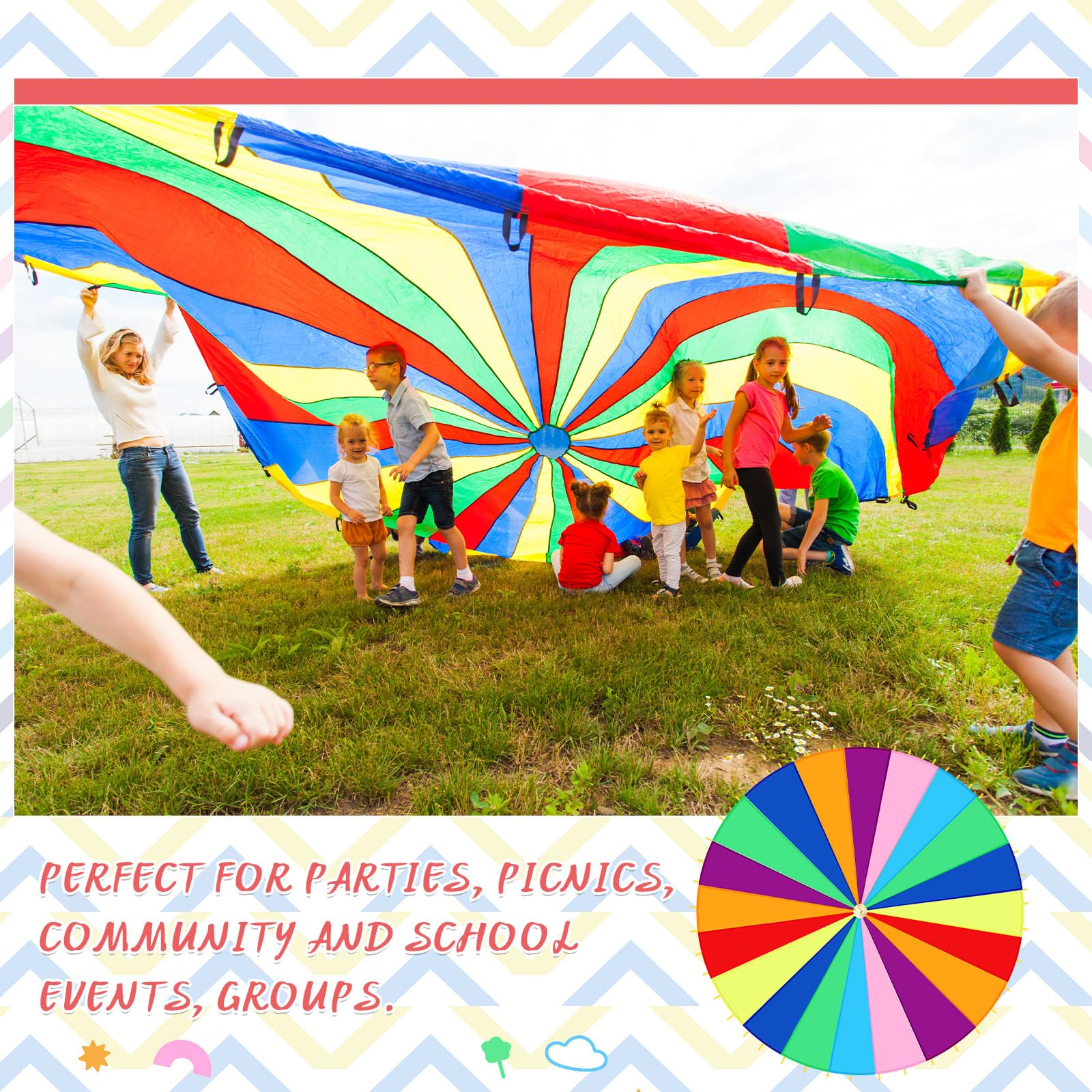 Large Rainbow Play Parachute with Handles - 12ft Colorful Kids Parachute for Indoor & Outdoor Games, Group Activities, Gym Class, Birthday Parties, and Playground Fun