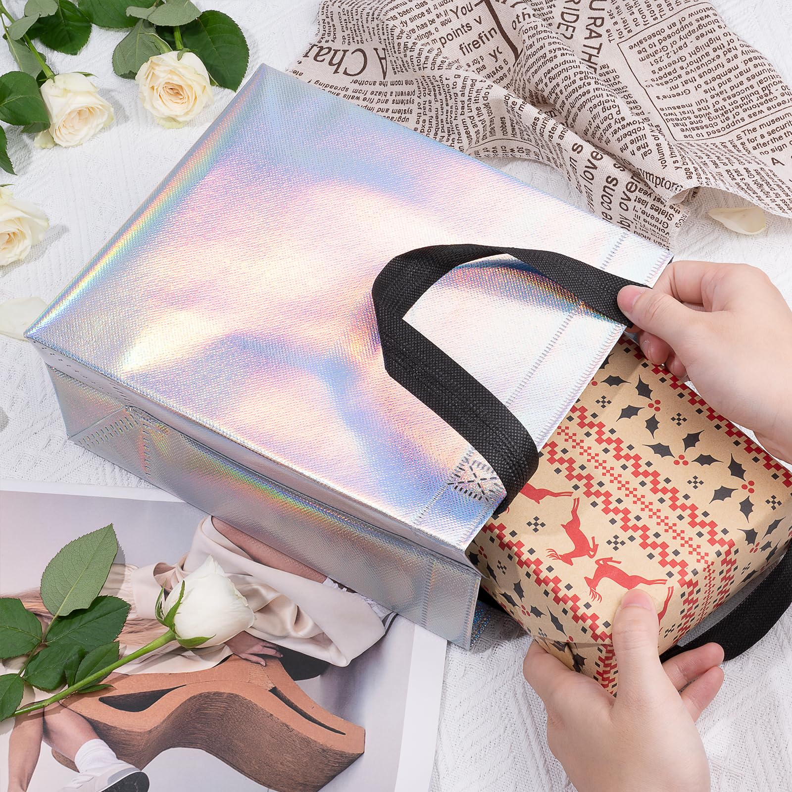 12 Pack Iridescent Holographic Gift Bags with Handles - Medium Size Reusable Party Favor Bags for Birthdays, Weddings, Christmas - Perfect for Party Favors, Goodie Bags & Gift Giving Occasions
