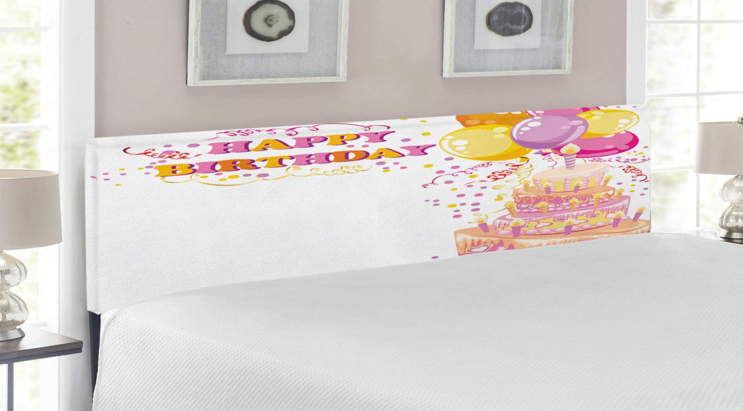 Ambesonne King Size Upholstered Metal Bed Headboard with Memory Foam - Birthday Party Design Featuring Cake, Candles, Balloons & Hearts in Orange & Pink | Perfect for Girls' Bedroom Decor, Themed Parties & Celebration Room Makeovers