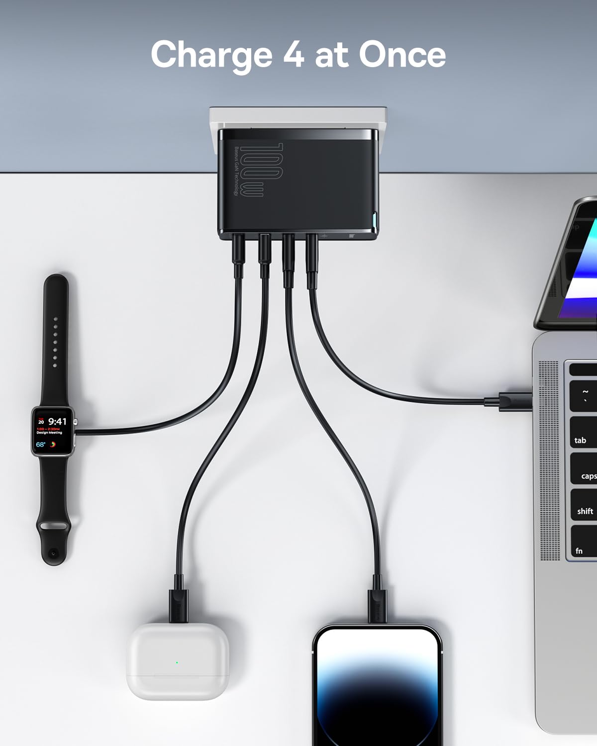 Baseus 100W 4-Port GaN II Fast Wall Charger with 2 USB-C & 2 USB-A Ports - Compact PD Charging Block for iPhone 15/14/13, Galaxy S23/S22, MacBook Pro/Air, iPad Pro/Air, Laptops, AirPods & Apple Watch (Black) - Perfect for Travel, Office & Home Charging Multiple Devices Simultaneously