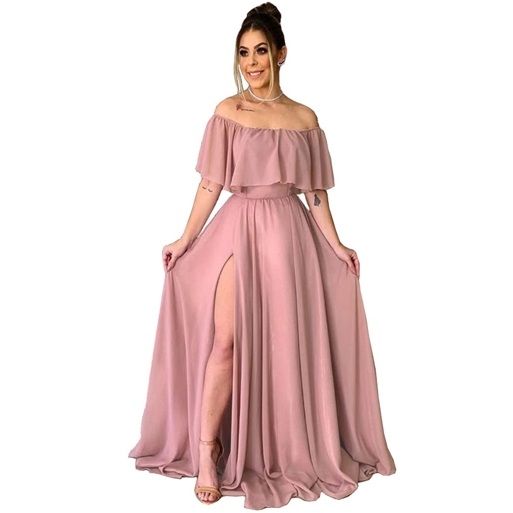 Elegant TRHTX Chiffon Bridesmaid Dress - Long Off-Shoulder Formal Gown with Slit & Ruffle A-Line Design for Weddings, Prom, and Evening Parties