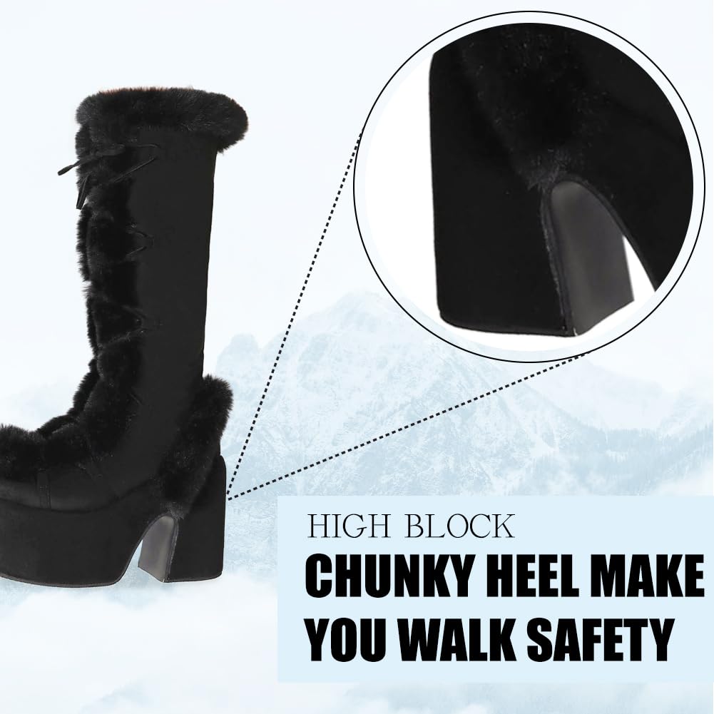 CELNEPHO Women's Knee High Boots with Side Zipper - Warm Faux Fur Lined Platform Chunky Heel Punk Goth Boots for Winter Snow Walking | Perfect for Cold Weather, Outdoor Activities & Fashion Streetwear