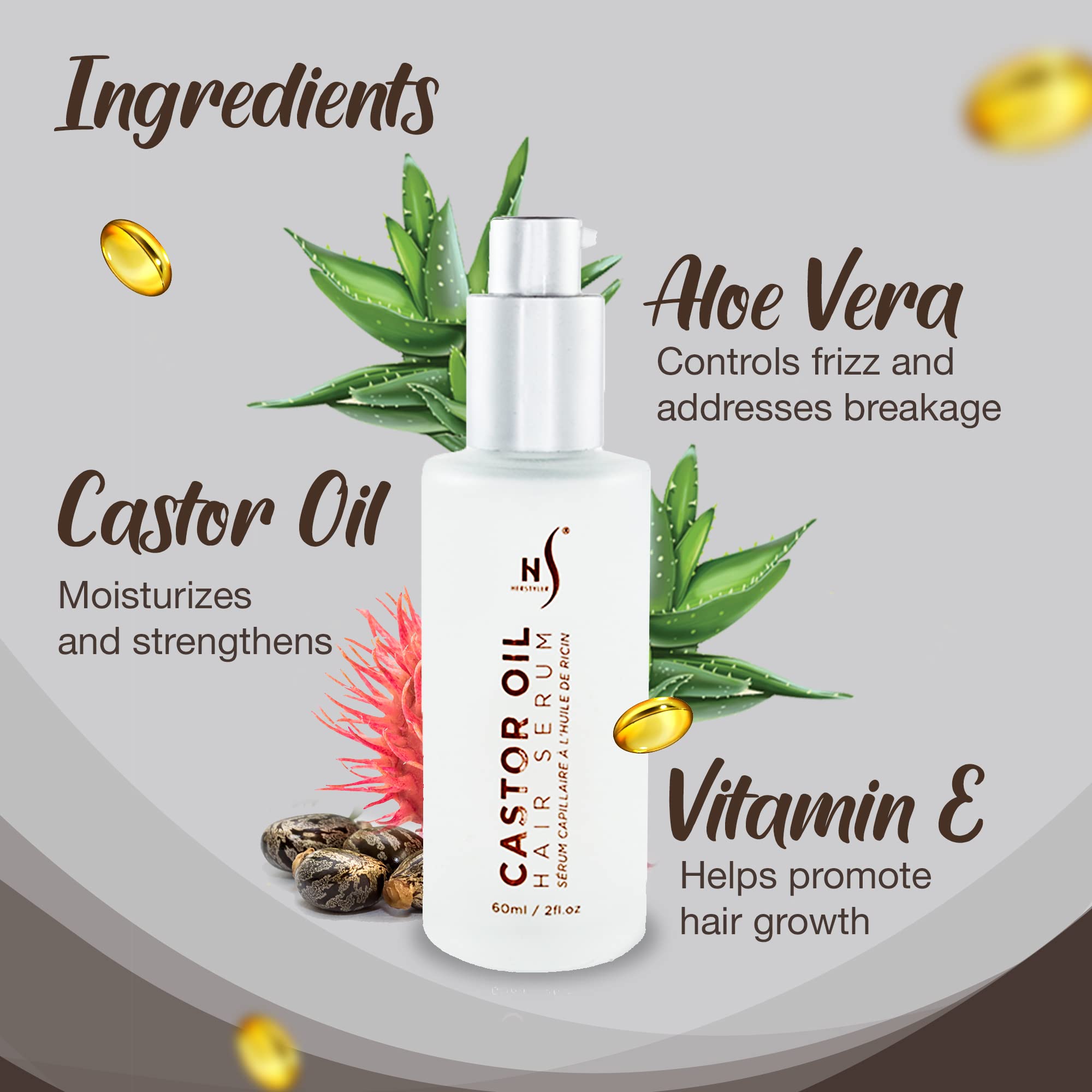HerStyler Castor Oil Hair Serum for Hair Growth & Shine - Vitamin E Enriched Heat Protectant for Silky, Strong Hair - Perfect for Daily Styling, Heat Tools & Damaged Hair Repair