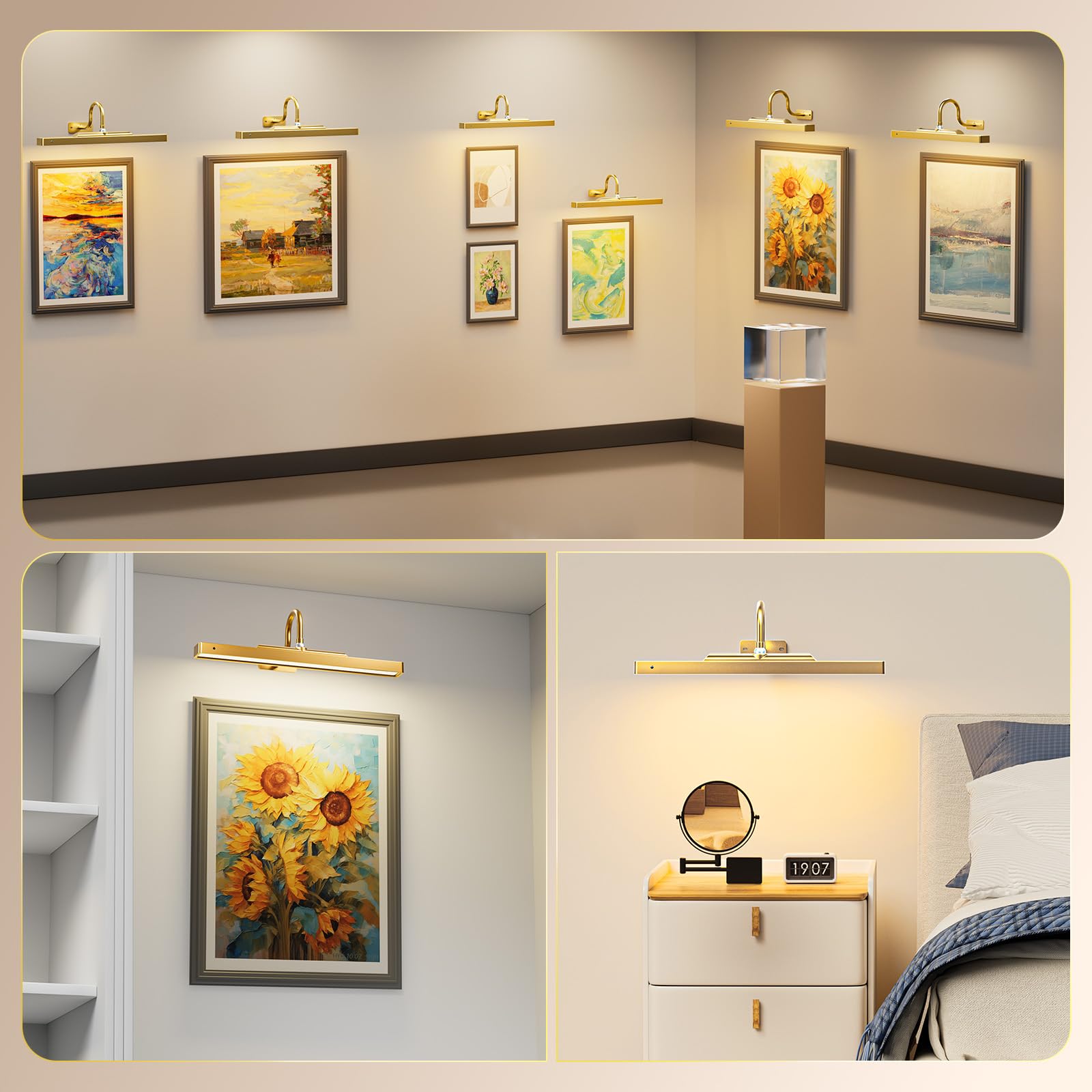 Brightown 16-Inch Battery Operated Picture Light for Paintings & Wall Art - 5000mAh Wireless Remote Control with Timer & Dimmable LED - Gold Finish - Perfect for Galleries, Museums, and Home Decor