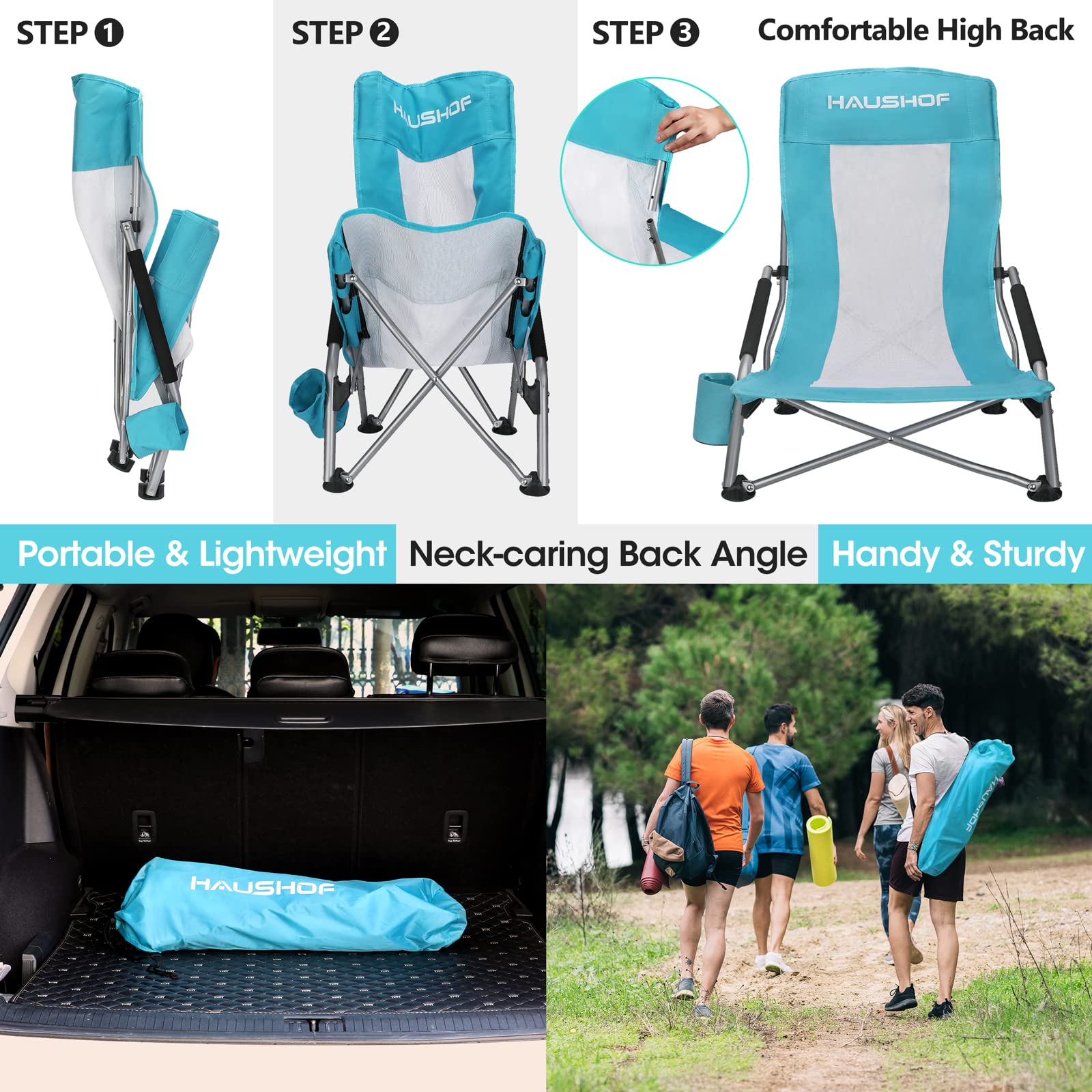 HAUSHOF High Back & Low Beach Chairs Set - Lightweight Folding Camping Chairs with Mesh Back, Cup Holder & Carry Bag - Comfortable Padded Armrests for Outdoor, Beach, Lawn, Camping, Picnics & Festivals | Perfect for Summer Relaxation & Backyard Gatherings