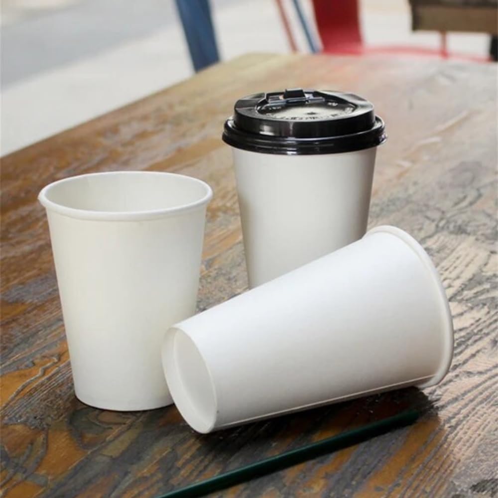 FAMASTON 12 oz Disposable Coffee Cups with Lids - White Paper Cups & Plastic Lids for Hot Beverages, Tea, Hot Chocolate - Insulated Travel Cups for Home, Office, Cafes, Parties & Weddings (50 Pack) - Perfect for Morning Coffee, Office Breaks, and Catering Events