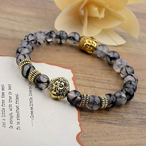 Ochoos Gold Buddha & Lion Head Beaded Bracelet - Lava Onyx Natural Stone Stretch Yoga Bracelet for Men & Women - Spiritual Jewelry for Meditation, Yoga & Daily Wear (Metal Color: AB057)