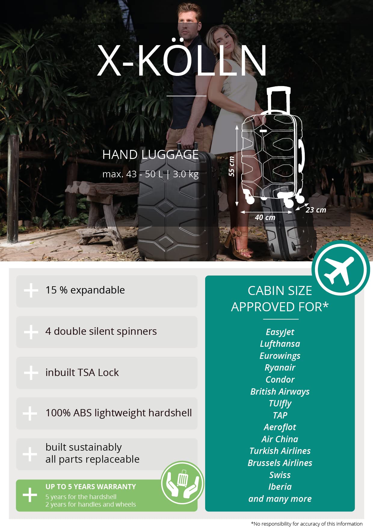 Premium 55cm Black Carry-On Luggage for Travel - Lightweight & Durable Suitcase with Smooth Wheels & TSA Lock - Perfect for Business Trips, Weekend Getaways & Airplane Cabin Use