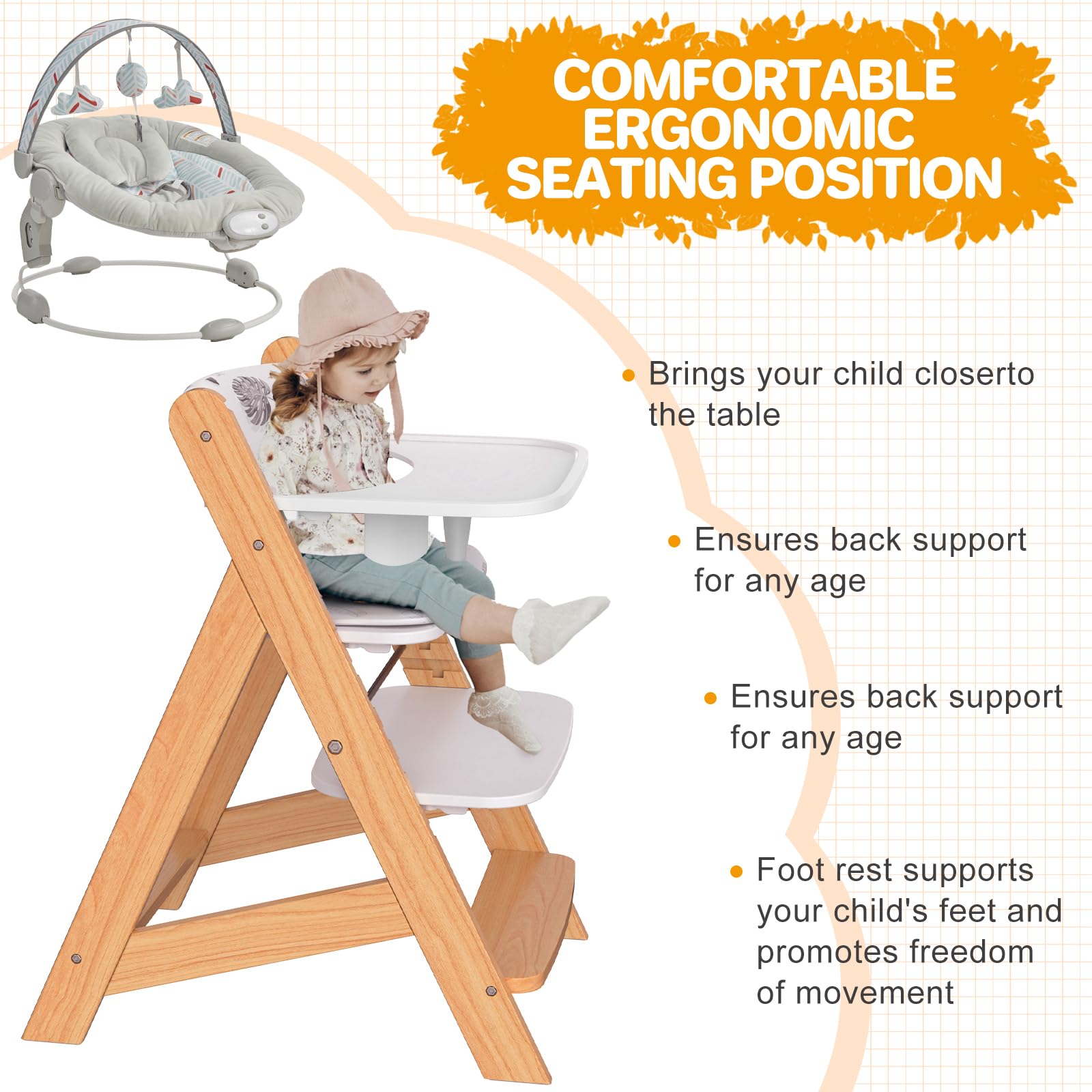Convertible Wooden High Chair with Baby Bouncer & Tray - Adjustable Toddler Highchair for 6+ Months - Water Resistant Natural Wood Baby Chair for Dining & Feeding - Perfect for Home, Nursery & Restaurants