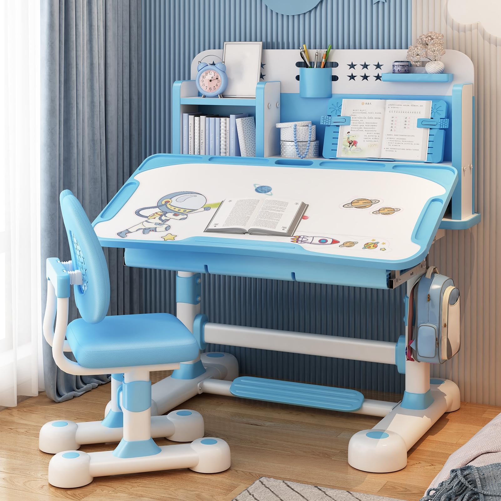 Adjustable Kids Desk and Chair Set - Ergonomic Study Table with Book Stand & Foot Pedal for Children - Blue Height-Adjustable Student Desk for Home Schooling, Online Learning & Homework Station