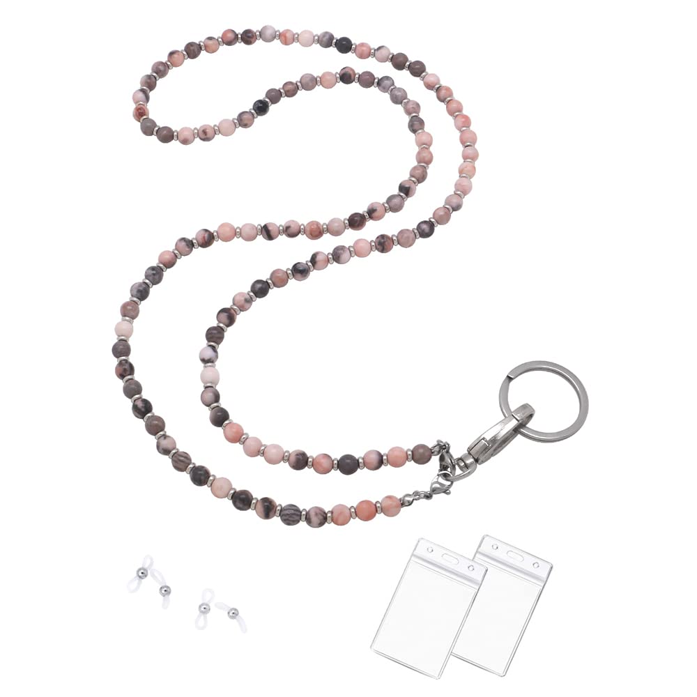 Beaded Lanyard for Women - ID Badge Holder & Glasses Strap (Pink Zebra Jasper) - Perfect for Teachers & Office Use