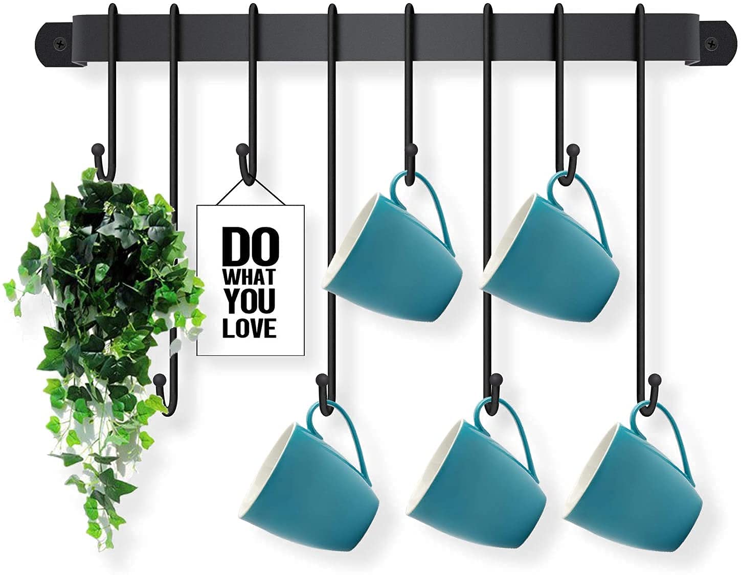 BB DECOR CART Wall Mounted Coffee Mug Holder - 8 Detachable Hooks, Space Saving Kitchen Organizer for Cups & Mugs (Black) - Perfect for Small Kitchens, Coffee Bars & Office Break Rooms