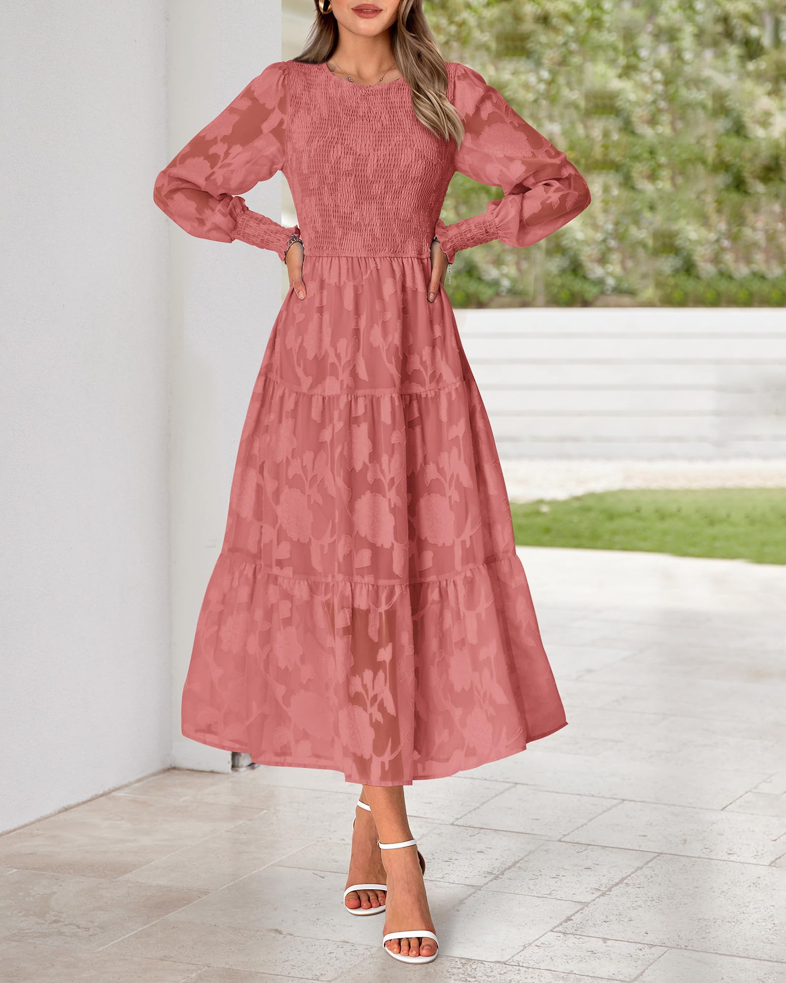 BTFBM Women's Elegant Floral Midi Dress - Long Sleeve Bohemian Wedding Guest Dress for Spring 2025 | Perfect for Garden Parties, Bridal Showers & Formal Events