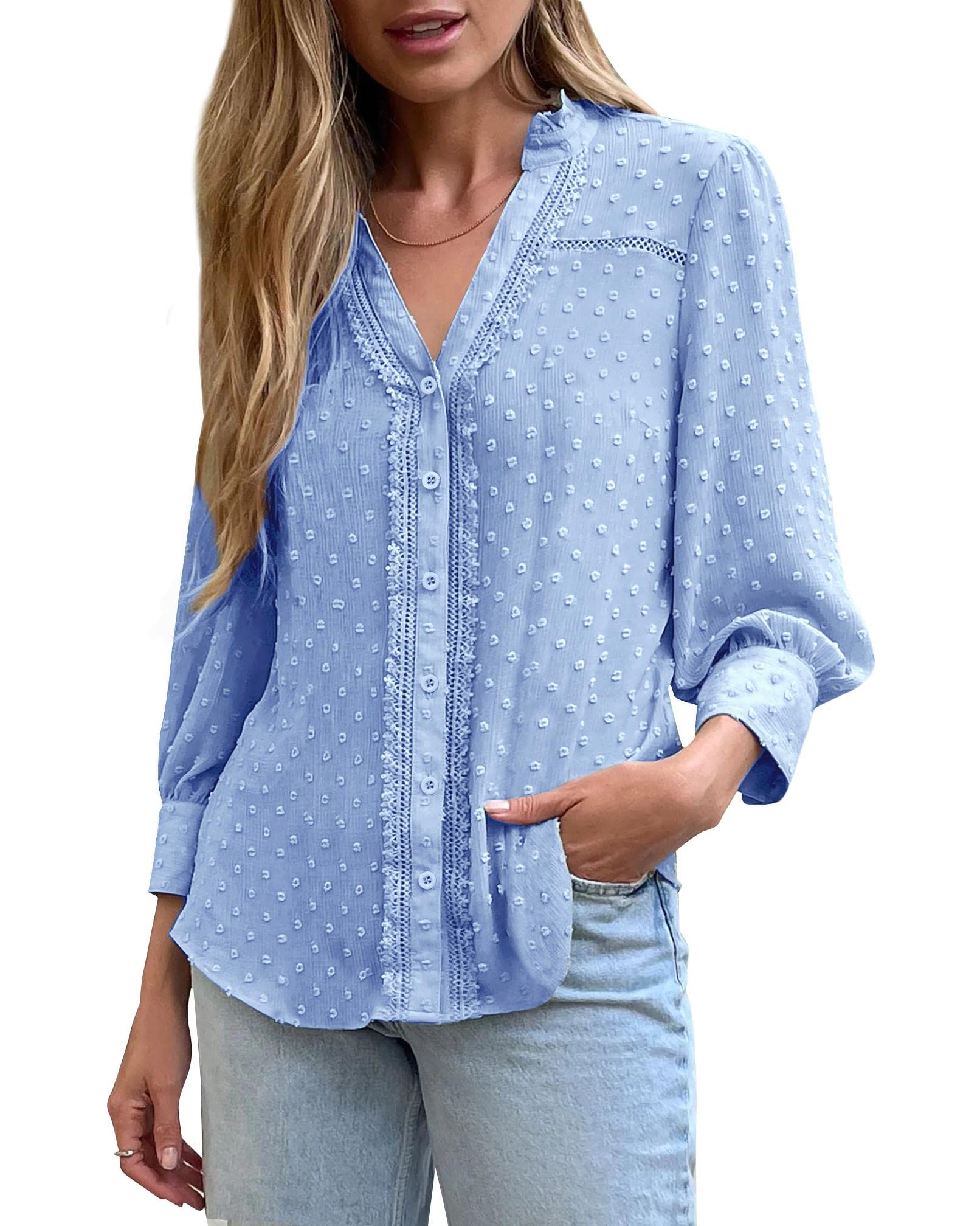 Imily Bela Women's 3/4 Sleeve V-Neck Chiffon Blouse - Loose Lace Pom Pom Button Down Shirt for Autumn | Elegant Casual Wear, Office Outfits & Date Night Tops