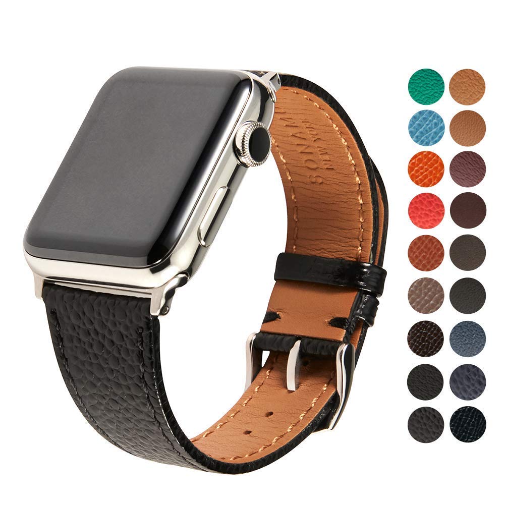 Premium Italian Caviar Leather Strap for Apple Watch 42mm - Stainless Steel Buckle, Black | Luxury Replacement Band for Work, Gym & Everyday Wear