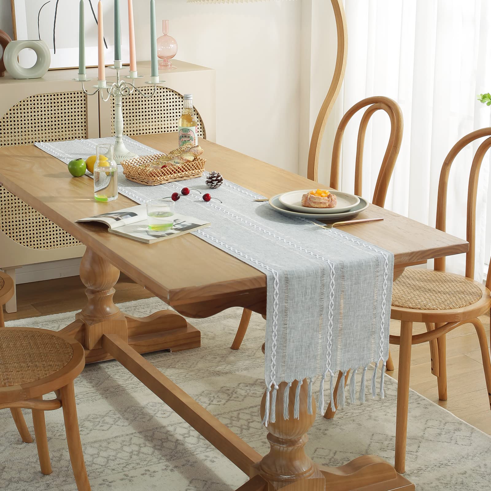 Wracra Rustic Hemstitch Linen Table Runner 90 Inches Long with Tassels - Farmhouse Style Dining Table Decor, Kitchen & Coffee Table Cover, Party & Dresser Accent - Perfect for Weddings, Holidays & Home Decor (Grey, 13×90 Inches)