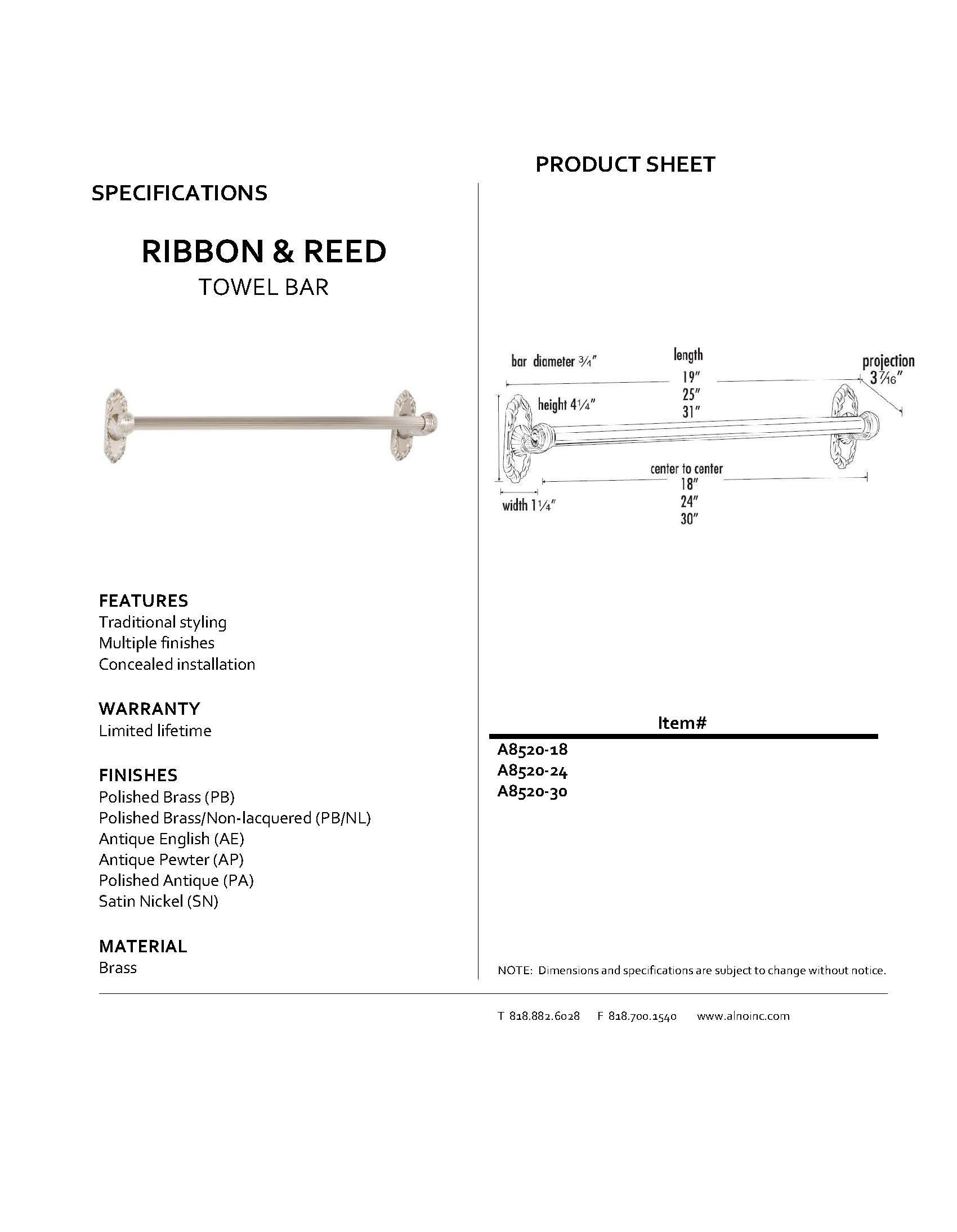Traditional Towel Bars with Ribbon & Reed Design - Satin Nickel Finish A8520-18-SN - Perfect for Bathroom, Spa & Luxury Home Decor