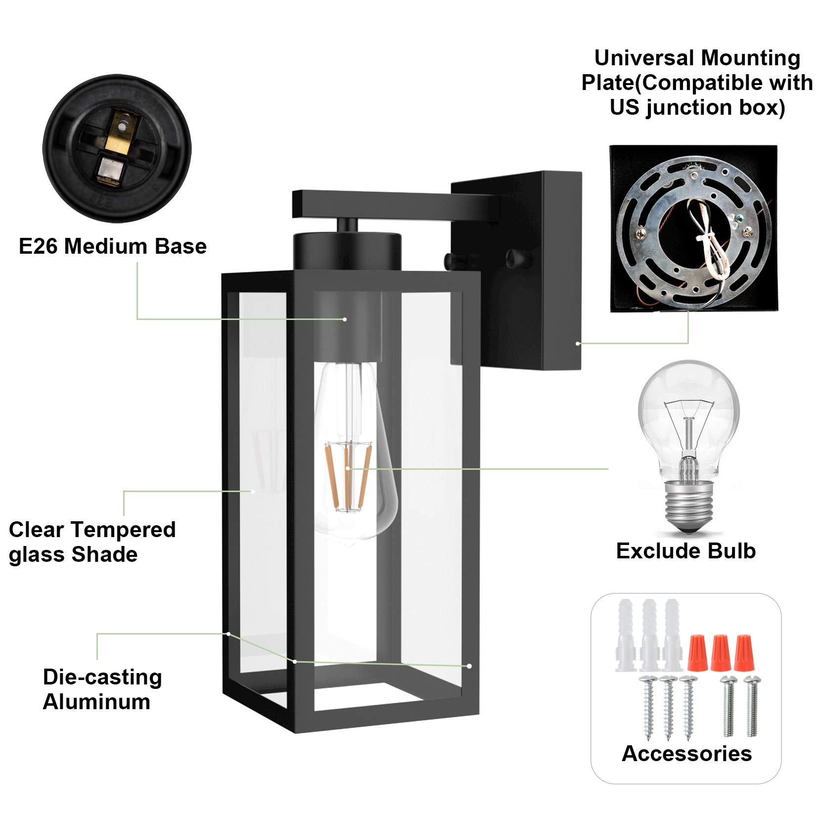 Tipace 2 Pack Black Outdoor Wall Lantern with Clear Glass Shade - Waterproof Exterior Wall Sconce Lighting for Entryway, Porch, Doorway, Patio, Garden & Backyard - Perfect for Home, Villa and Commercial Spaces