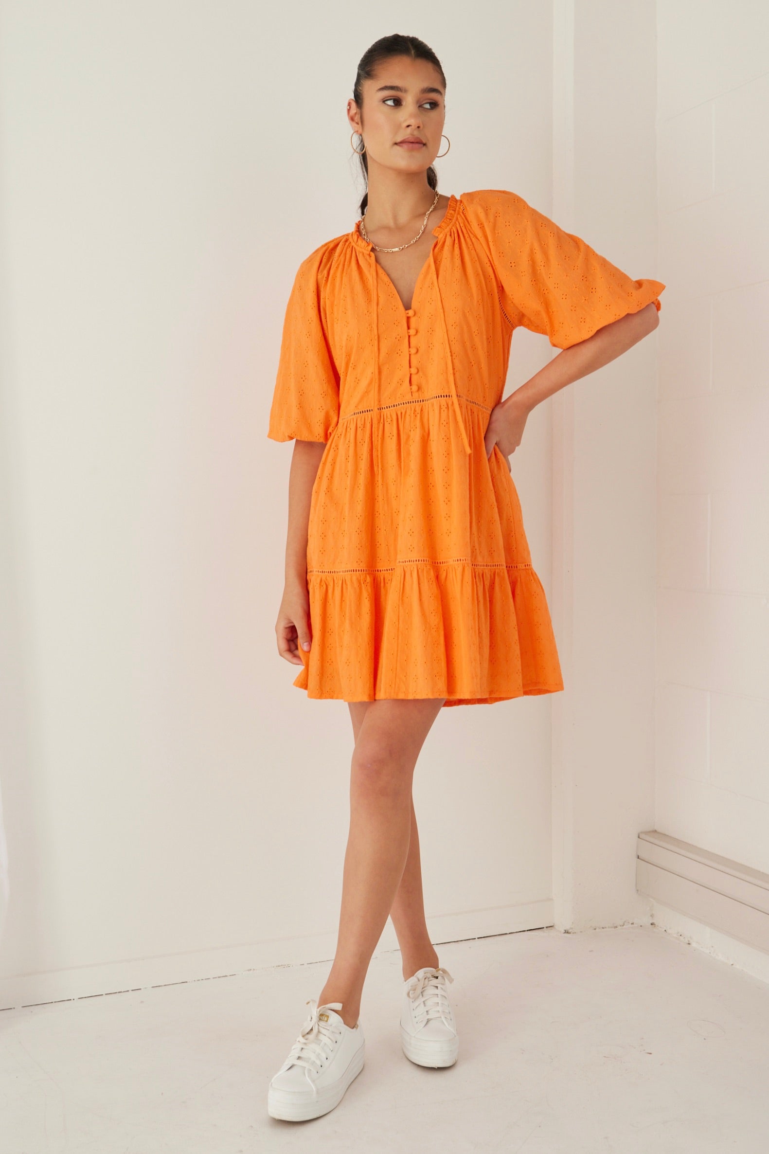 Gemini Orange Embroidered Balloon Sleeve Tiered Mini Dress - Floral Summer Party Outfit for Women, Perfect for Beach Vacations & Date Nights