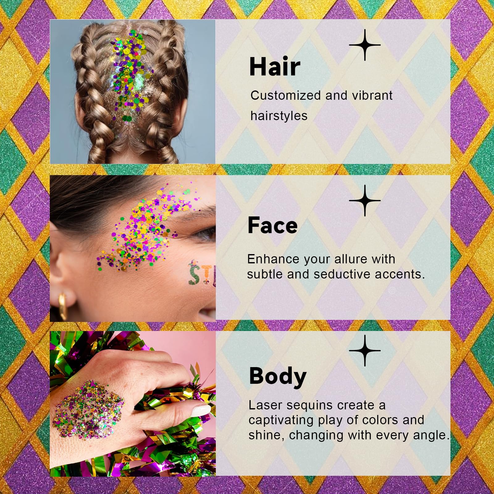 Color Changing Mardi Gras Glitter Gel for Body, Face, Hair & Lips - UV Reactive Sparkle Makeup for Festivals, Parties & Cosplay