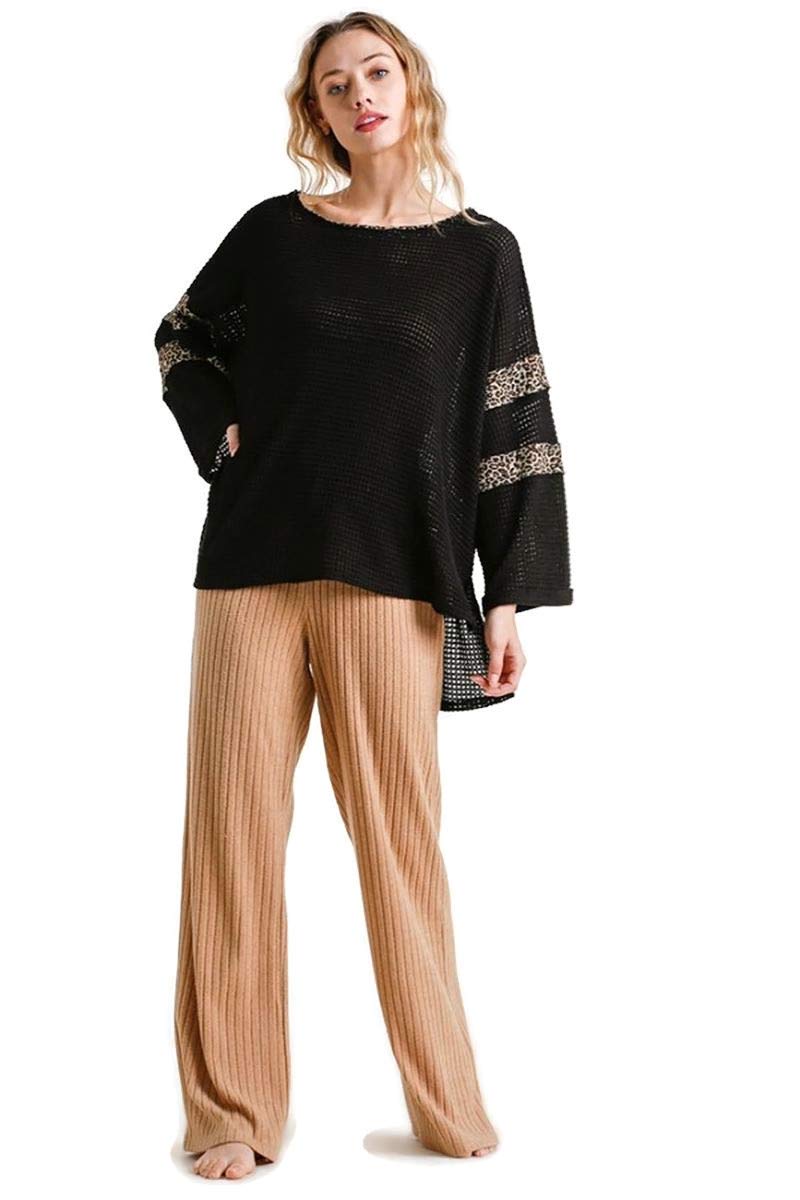 Umgee Women's Animal Print Waffle Knit Top | Soft Long Sleeve Blouse | Casual Fall & Winter Shirt for Work, Date Night & Weekend Outfits
