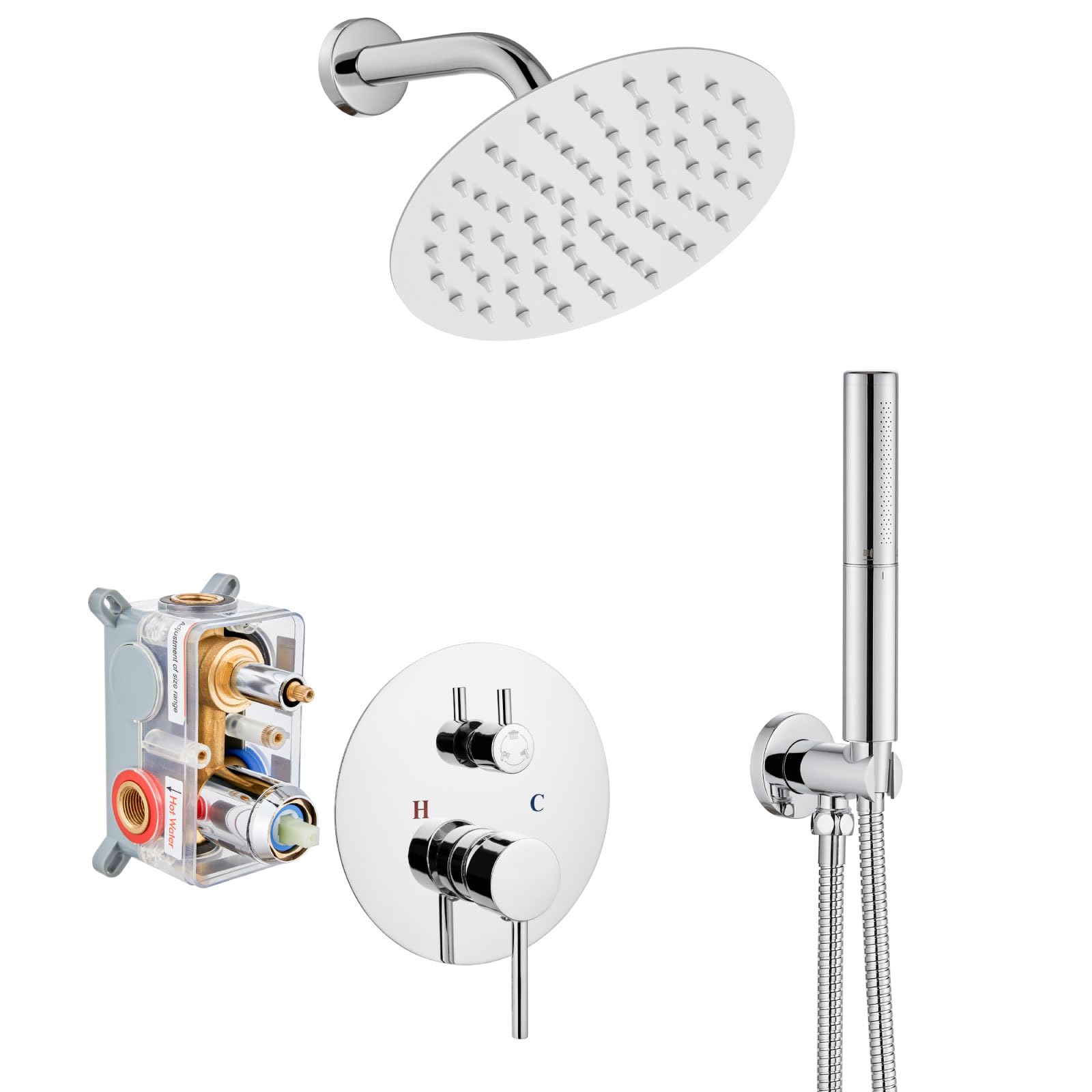 Airuida 2-Function Wall Mounted Shower Faucet Set - High Pressure Brass Handheld Shower with Rough-in Valve & 8 Inch Rainfall Round Shower Head in Chrome Polish for Bathroom | Perfect for Modern Home Spa Experience and Water-Saving Shower Upgrade